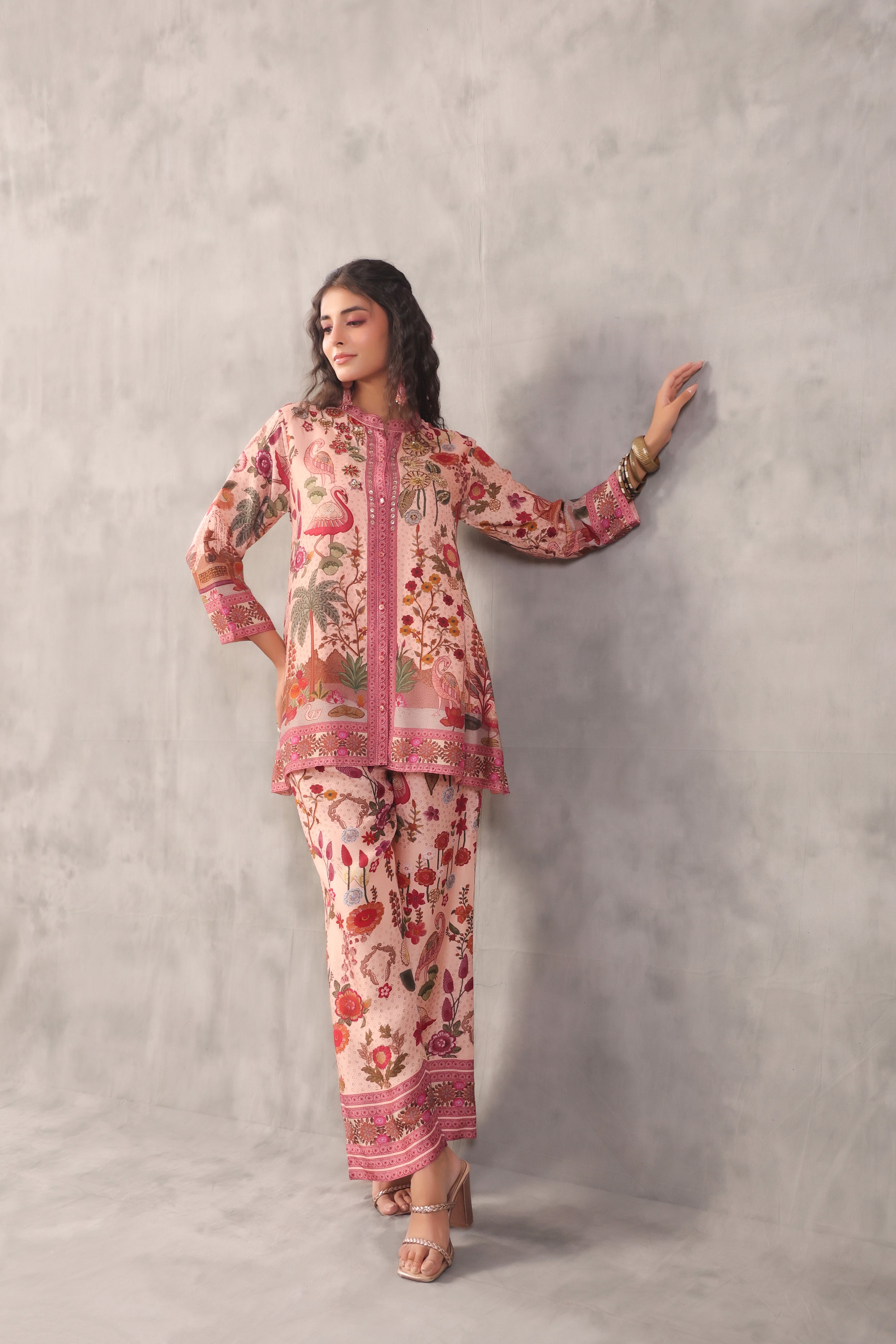 Flamingo Pink Printed Dola Silk Co-Ord Set