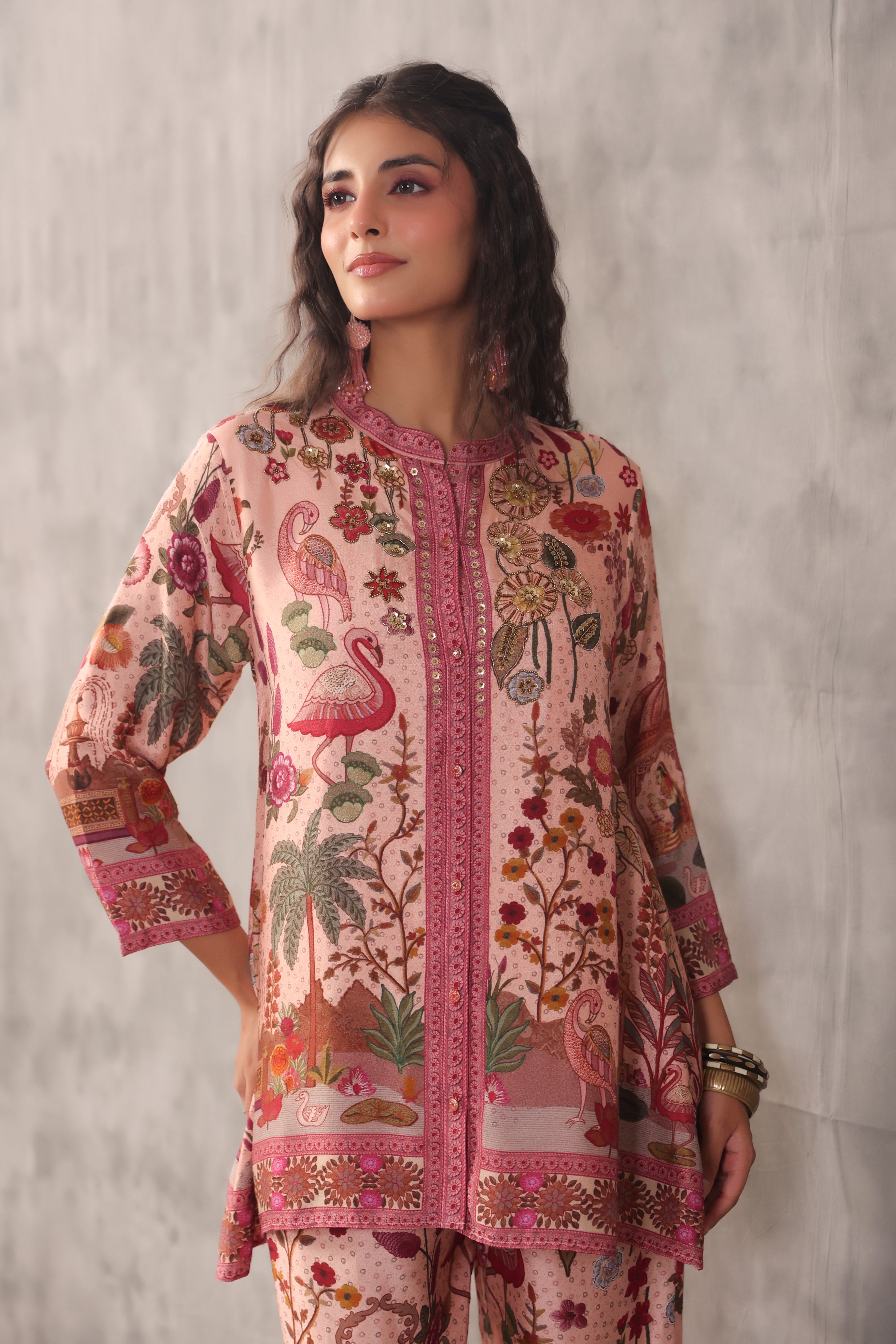 Flamingo Pink Printed Dola Silk Co-Ord Set