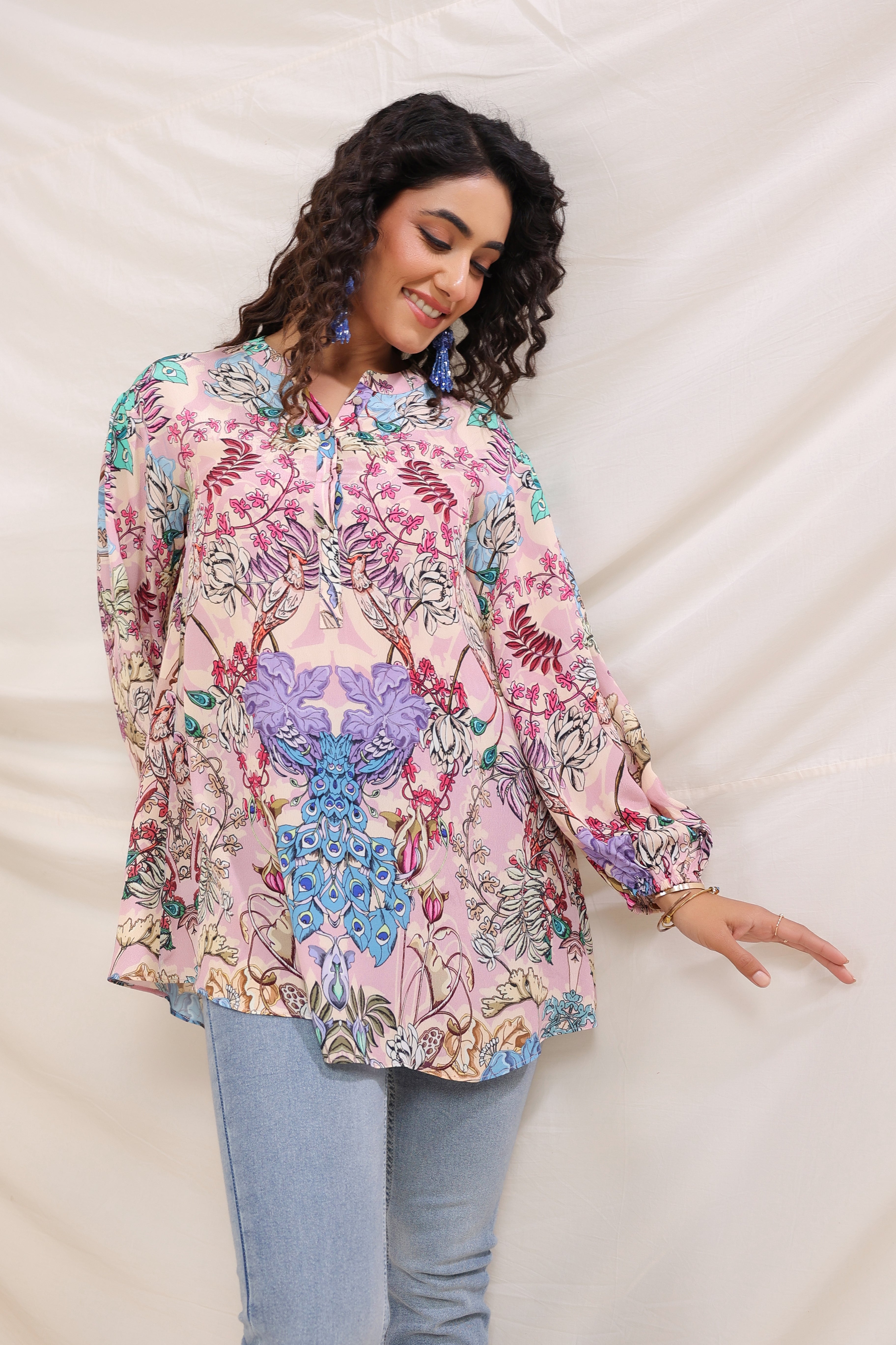 Nature's Pink Floral Printed Crepe Silk Top