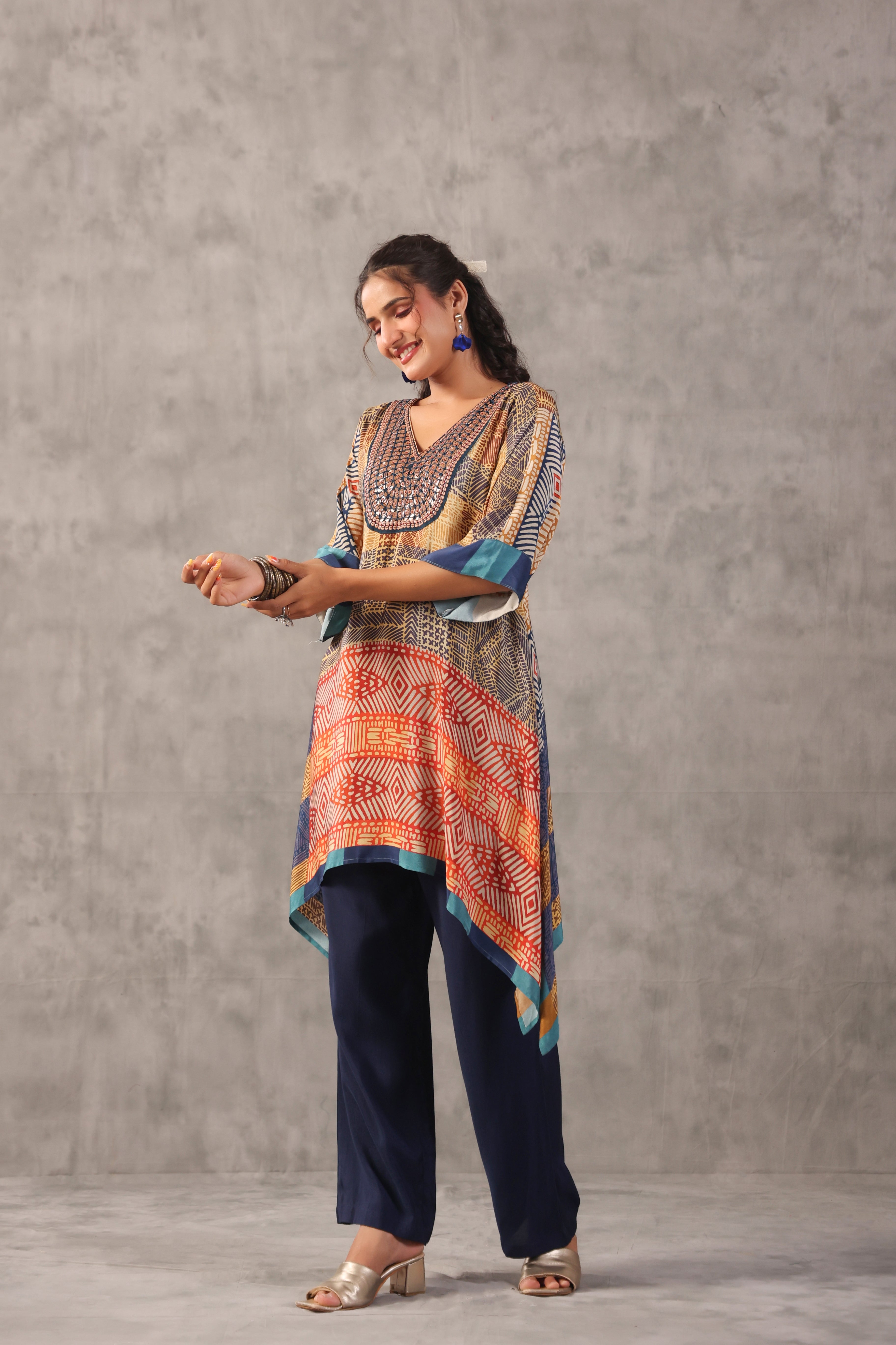 Ochre Tribal Printed Crepe Silk Kurta Set