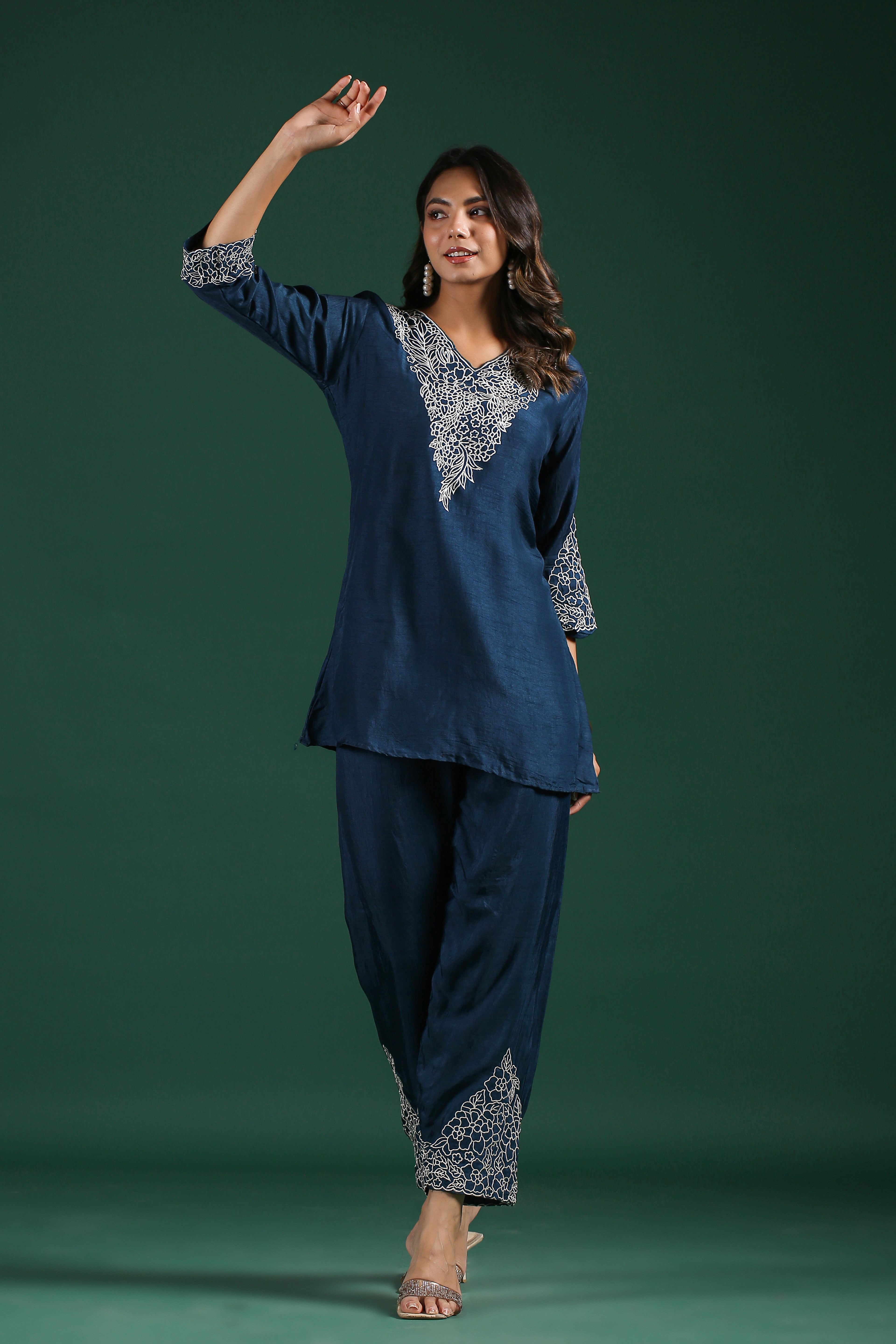 Teal Blue Embroidered Raw Silk Co-Ord Set