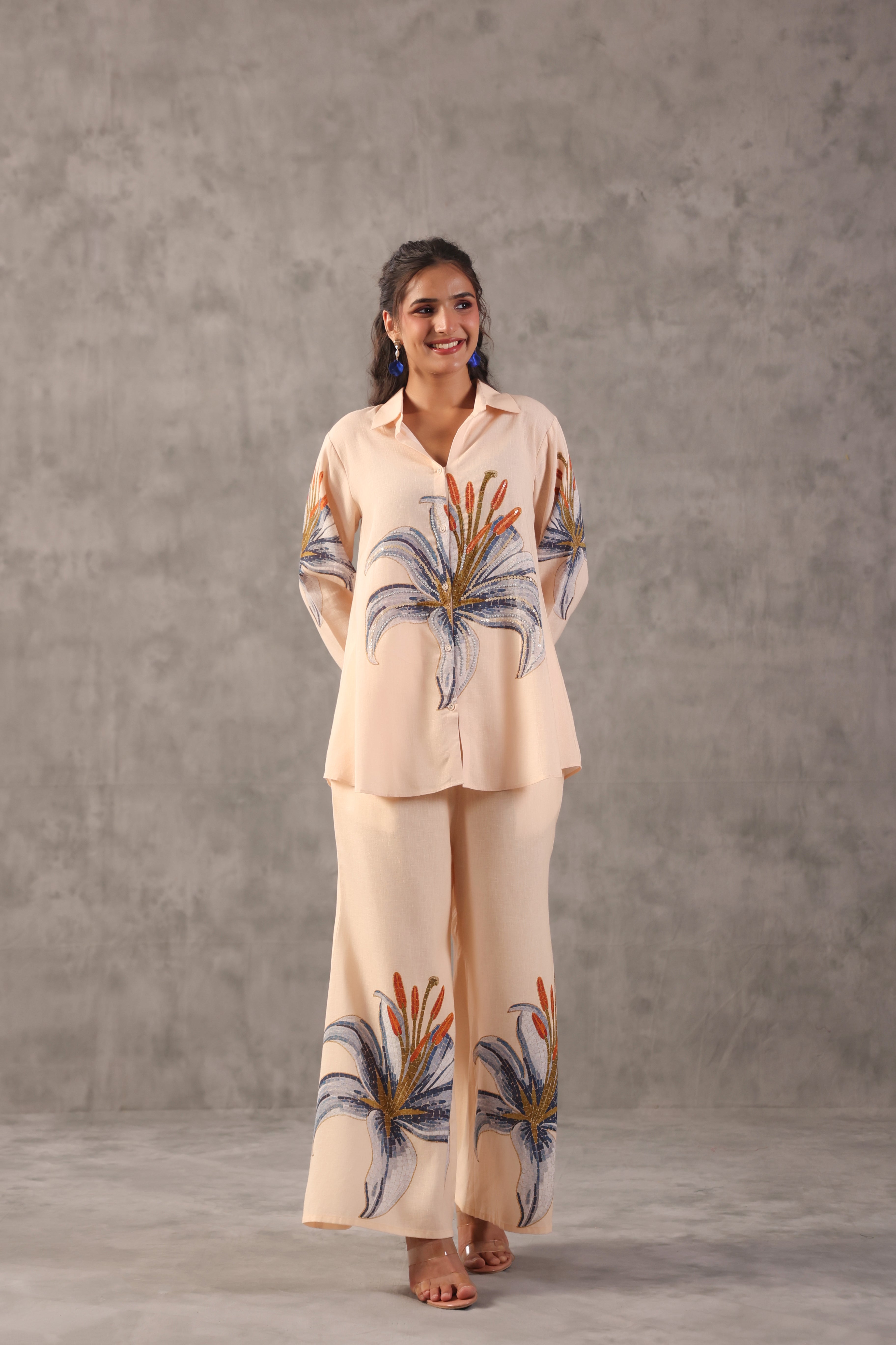 Powder Peach Embellished Linen Co-Ord Set