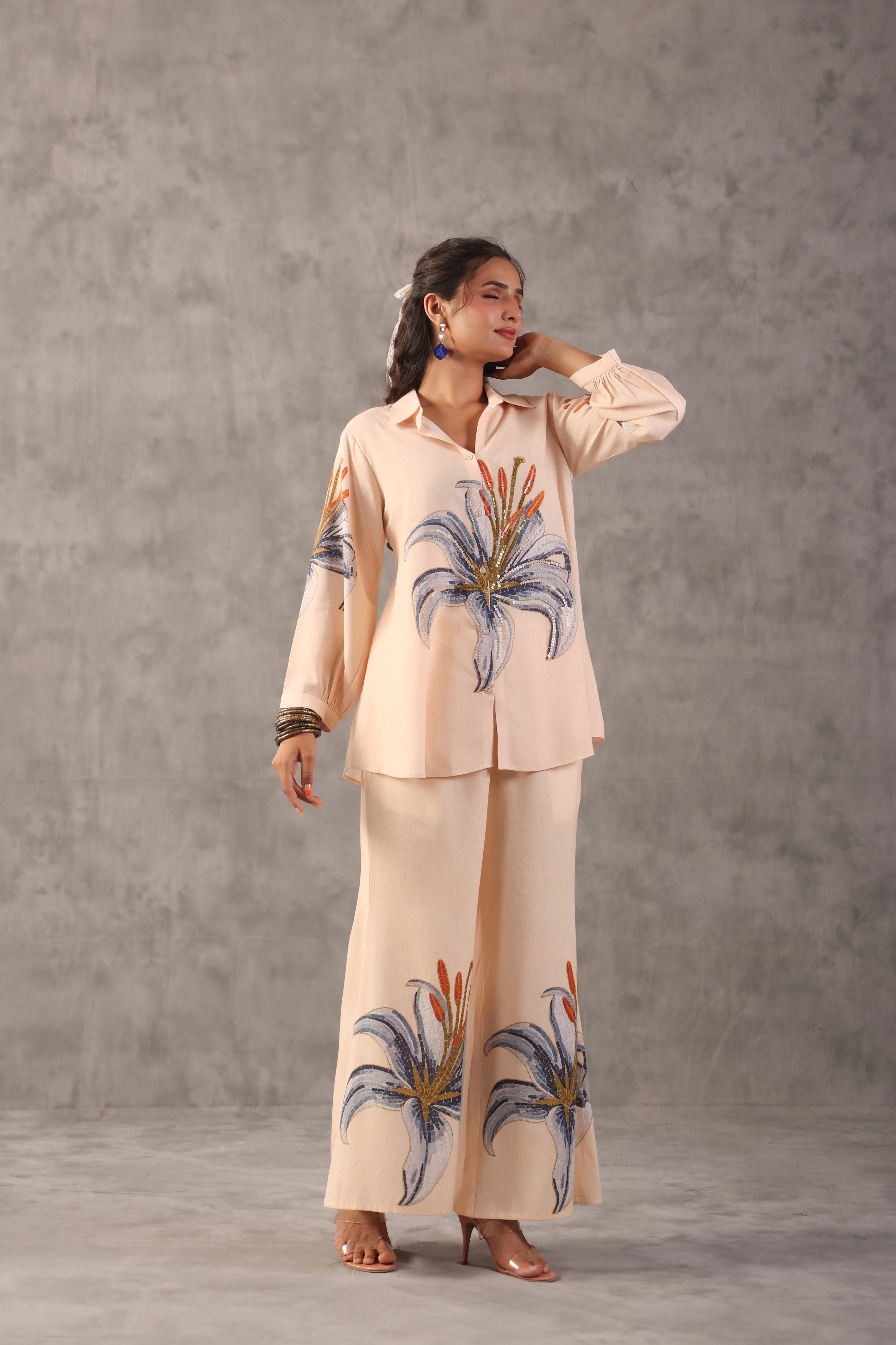 Powder Peach Embellished Linen Co-Ord Set