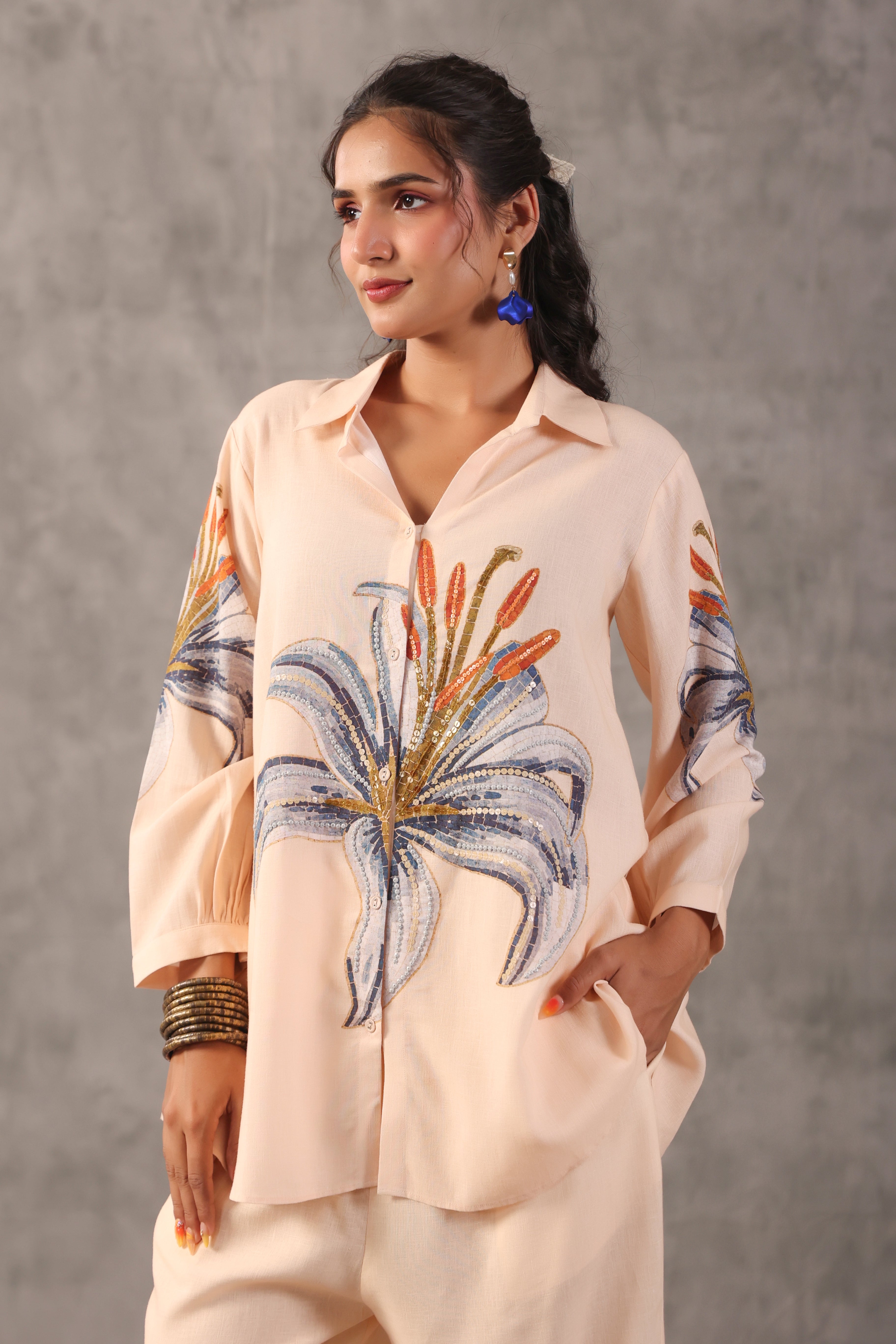Powder Peach Embellished Linen Co-Ord Set