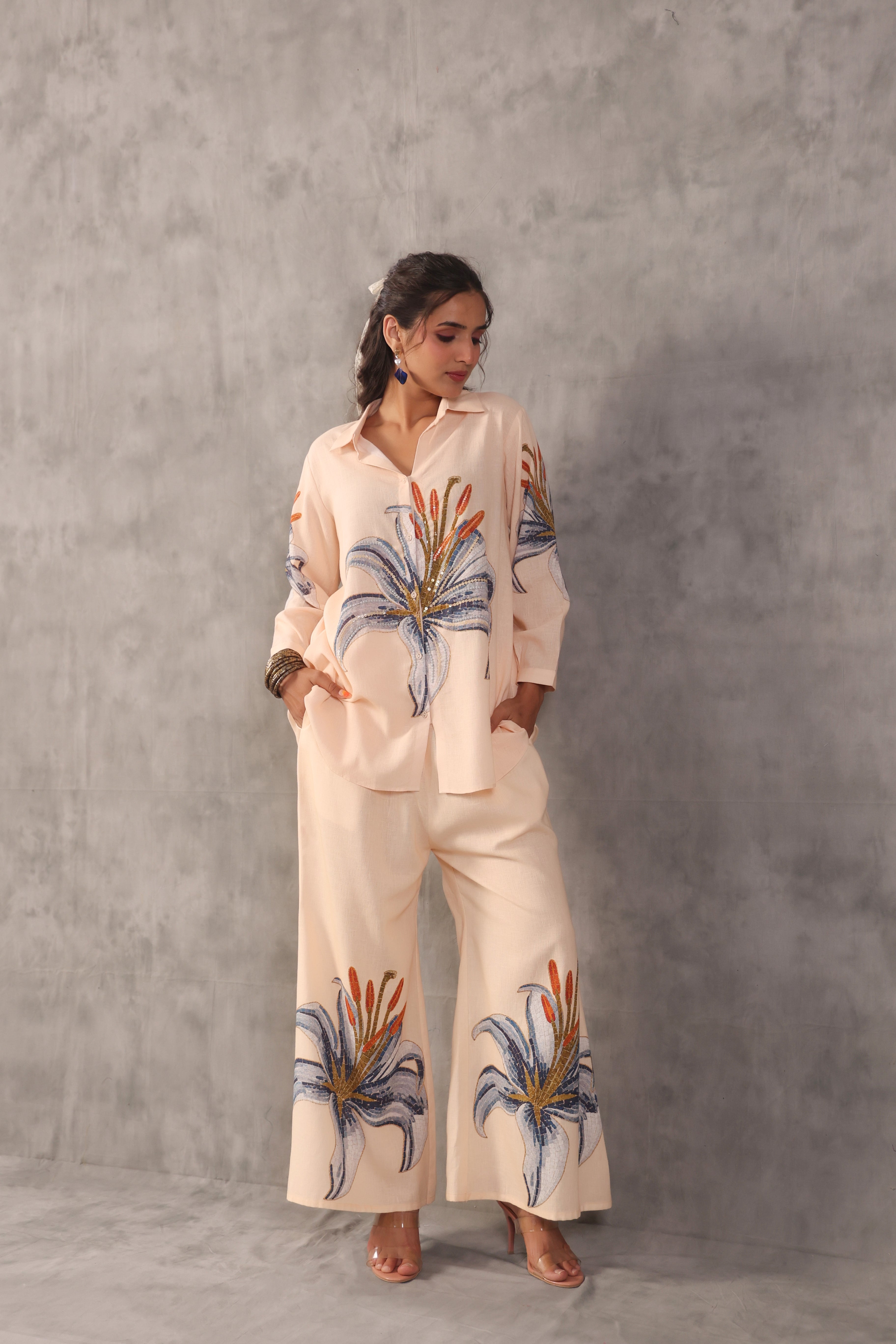 Powder Peach Embellished Linen Co-Ord Set