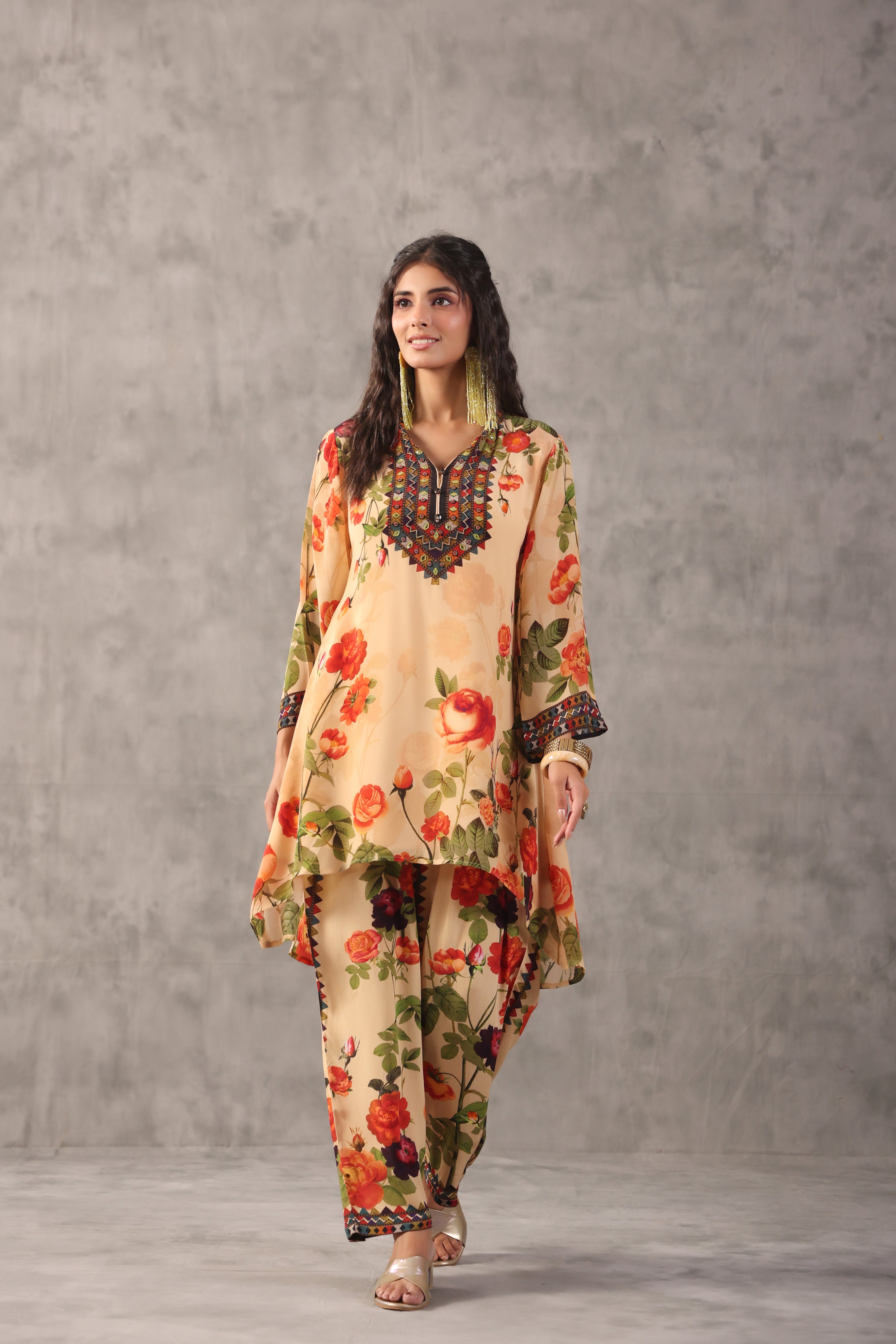 Warm Beige Printed Crepe Silk Kurta Set
