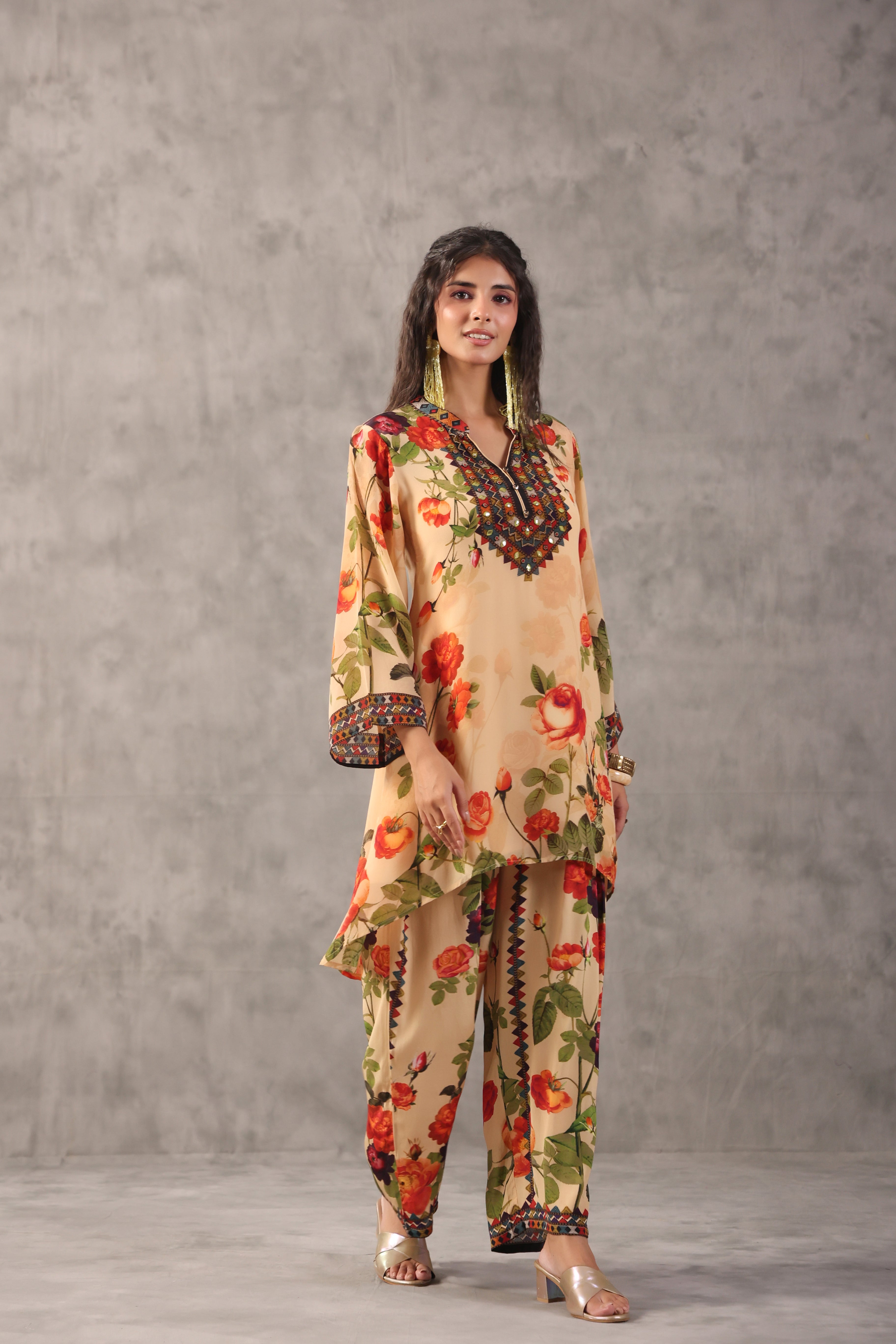 Warm Beige Printed Crepe Silk Kurta Set