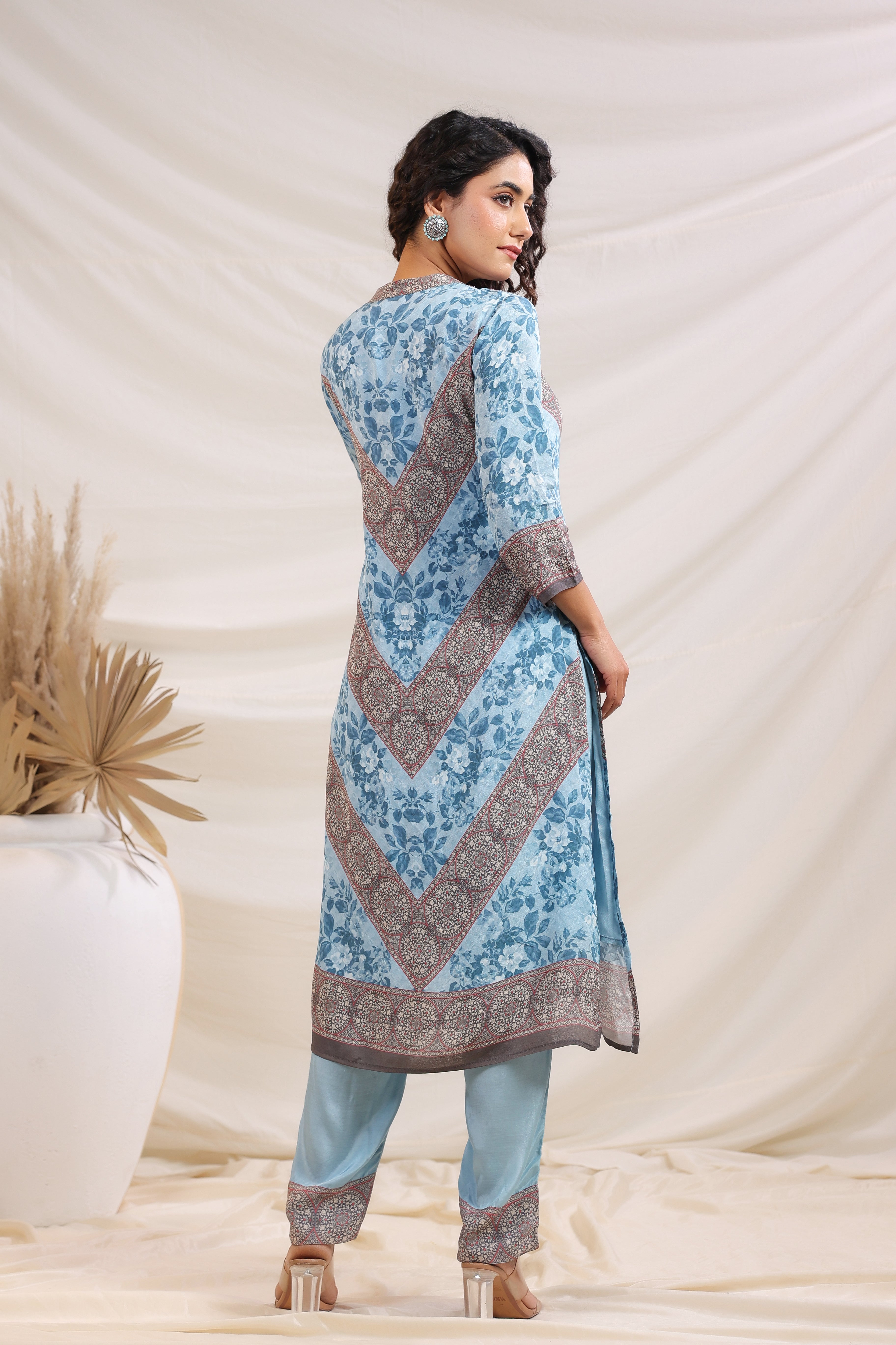 Sky Blue Traditional Printed Crepe Silk Kurta Pants Set