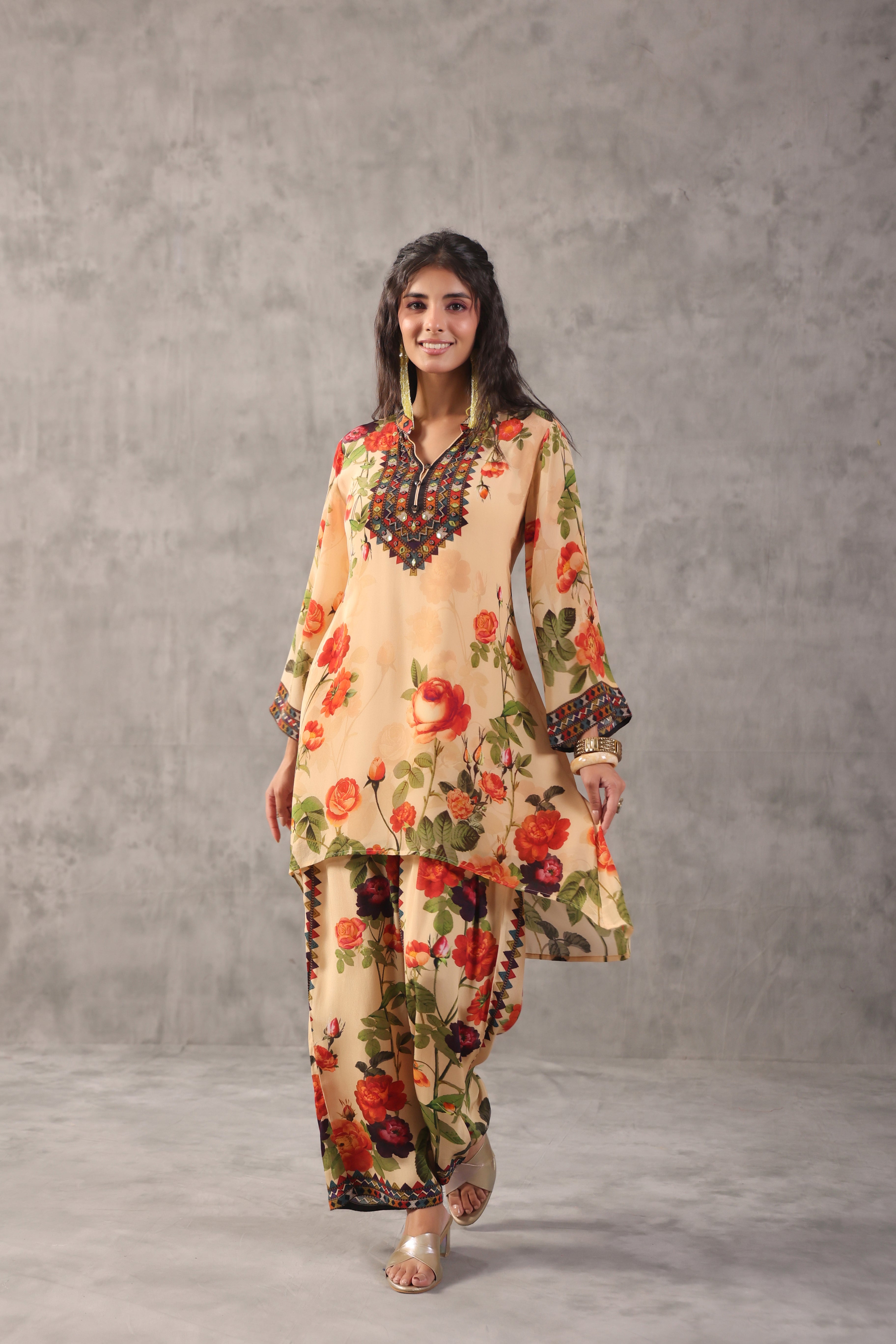 Warm Beige Printed Crepe Silk Kurta Set