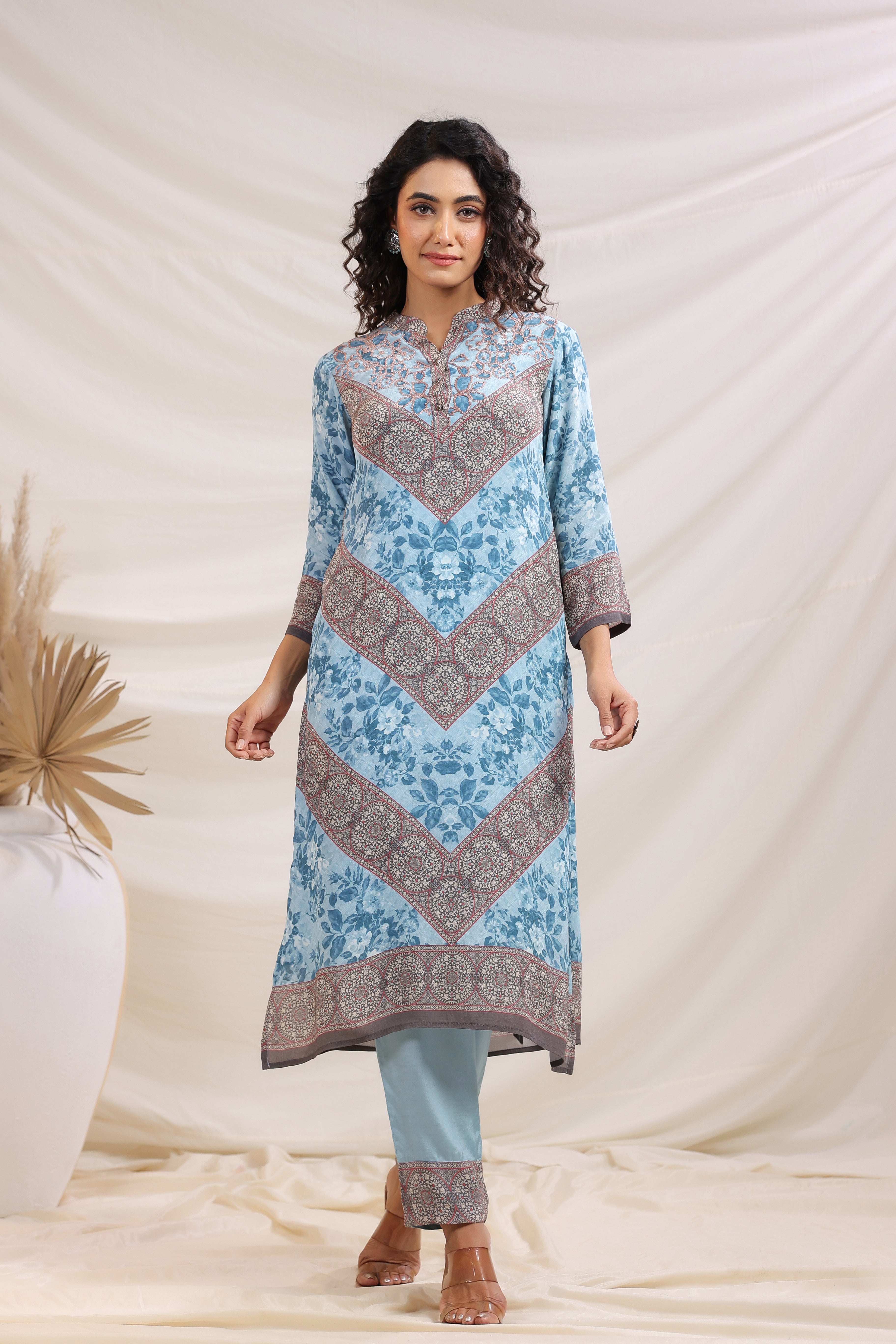 Sky Blue Traditional Printed Crepe Silk Kurta Pants Set