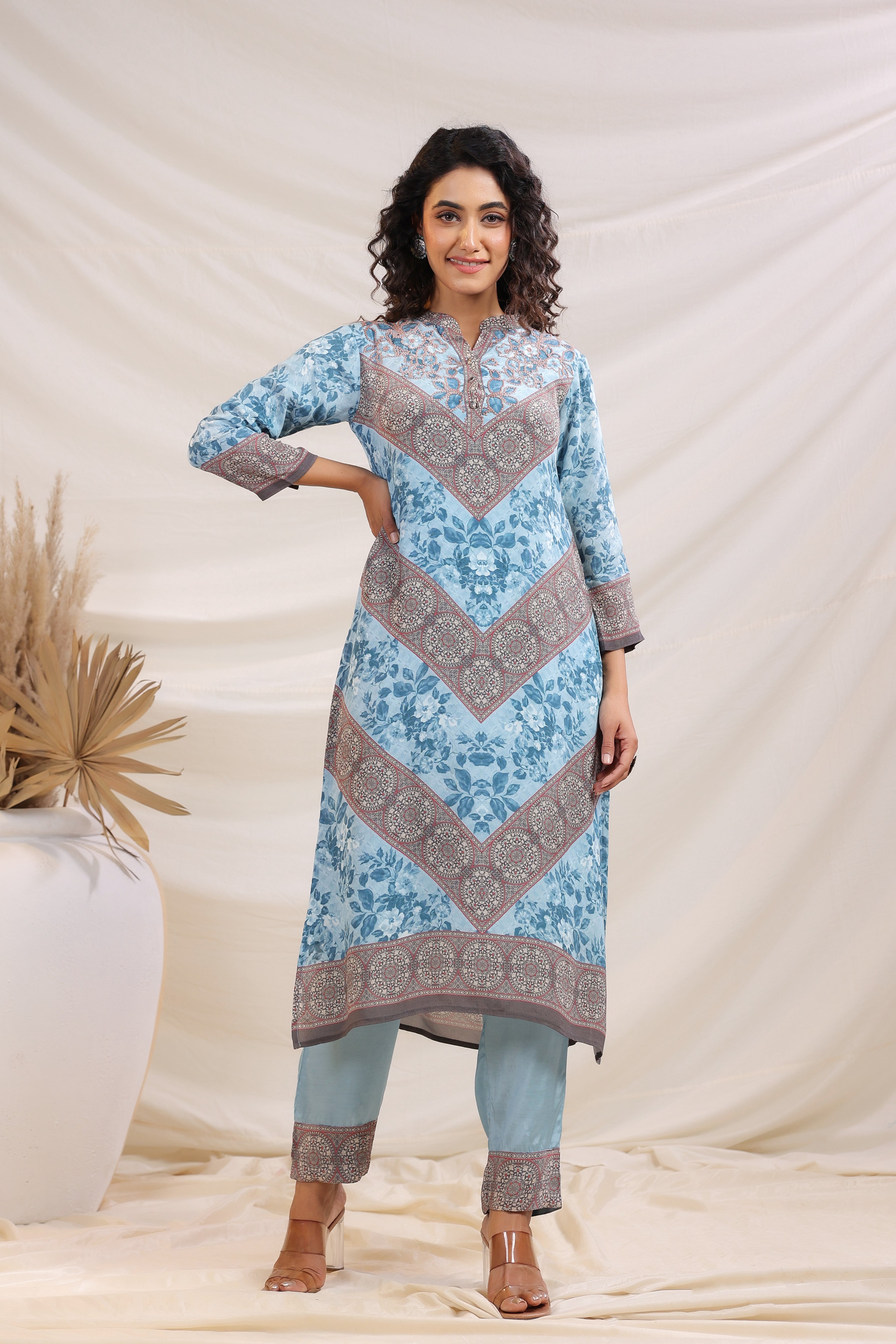 Sky Blue Traditional Printed Crepe Silk Kurta Pants Set