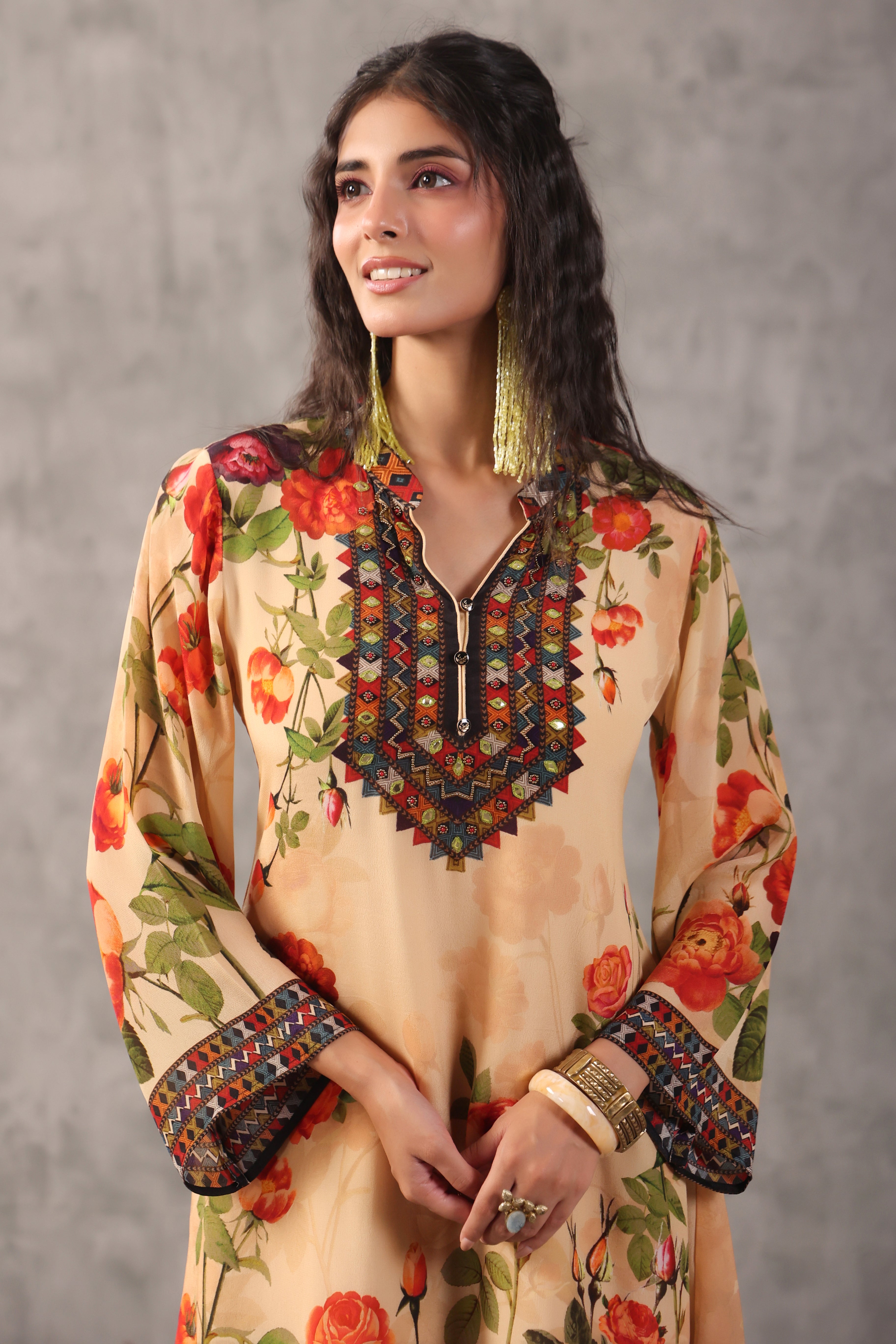 Warm Beige Printed Crepe Silk Kurta Set