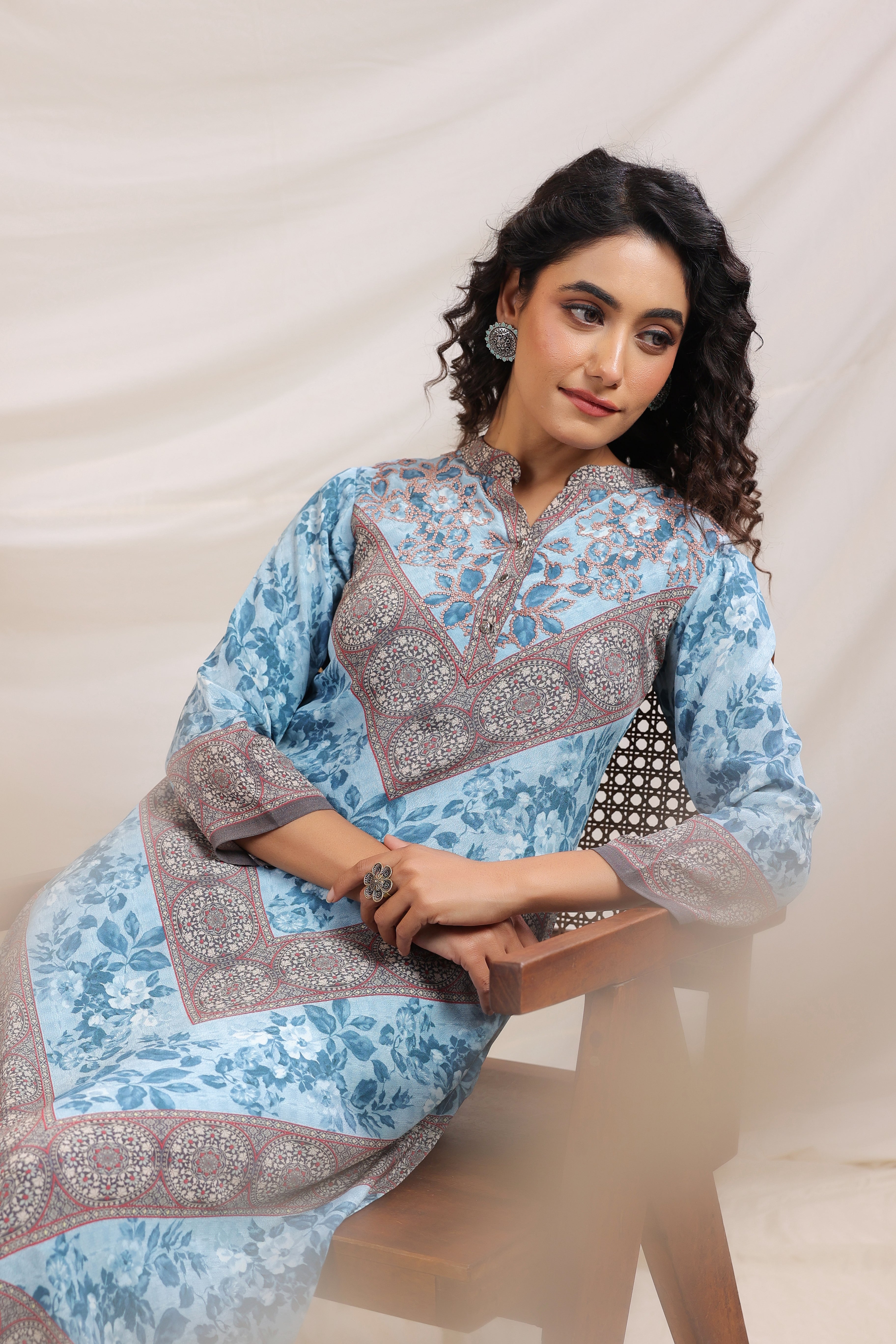 Sky Blue Traditional Printed Crepe Silk Kurta Pants Set