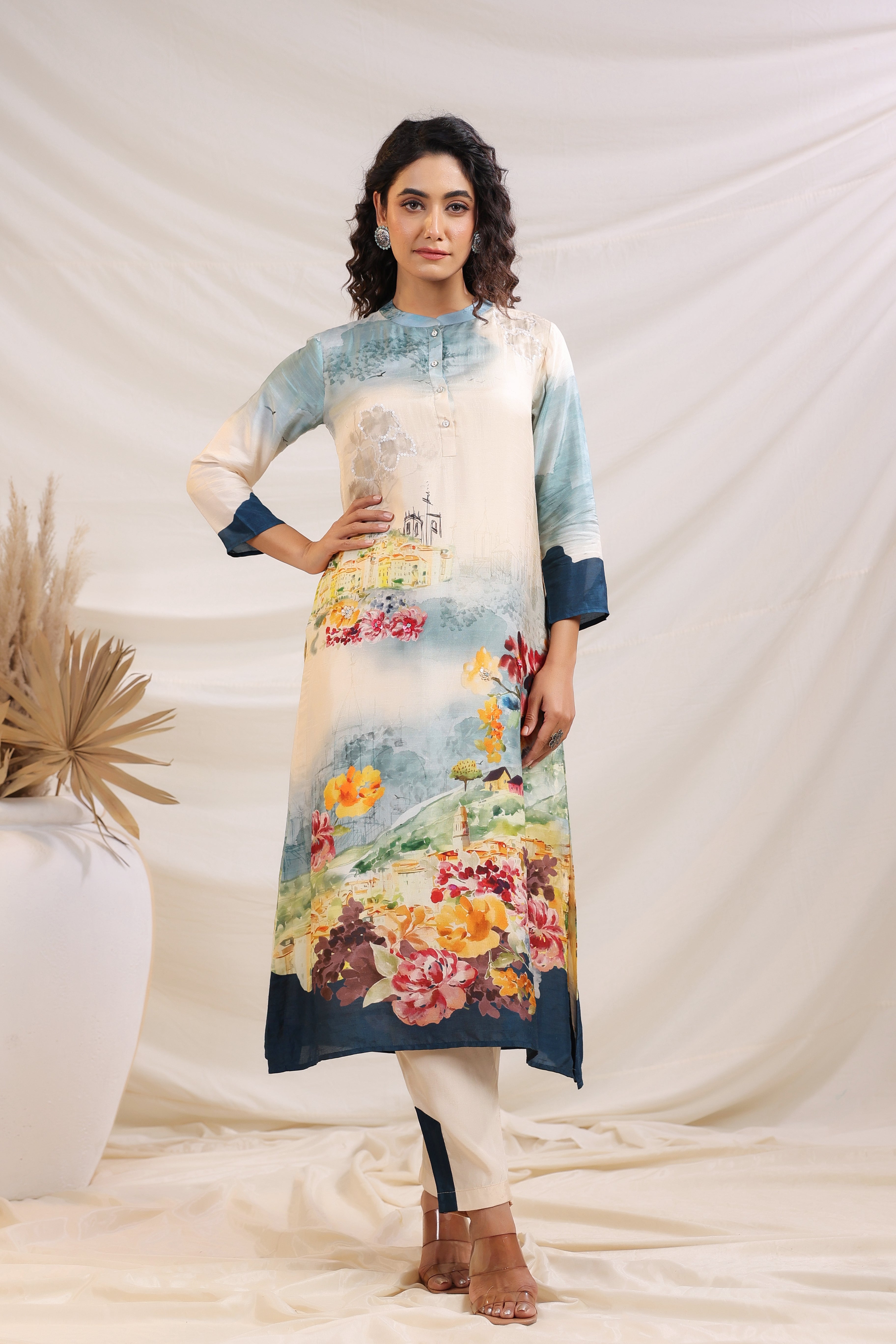 Blue Heaven Printed Dola Silk Kurta Pants Set