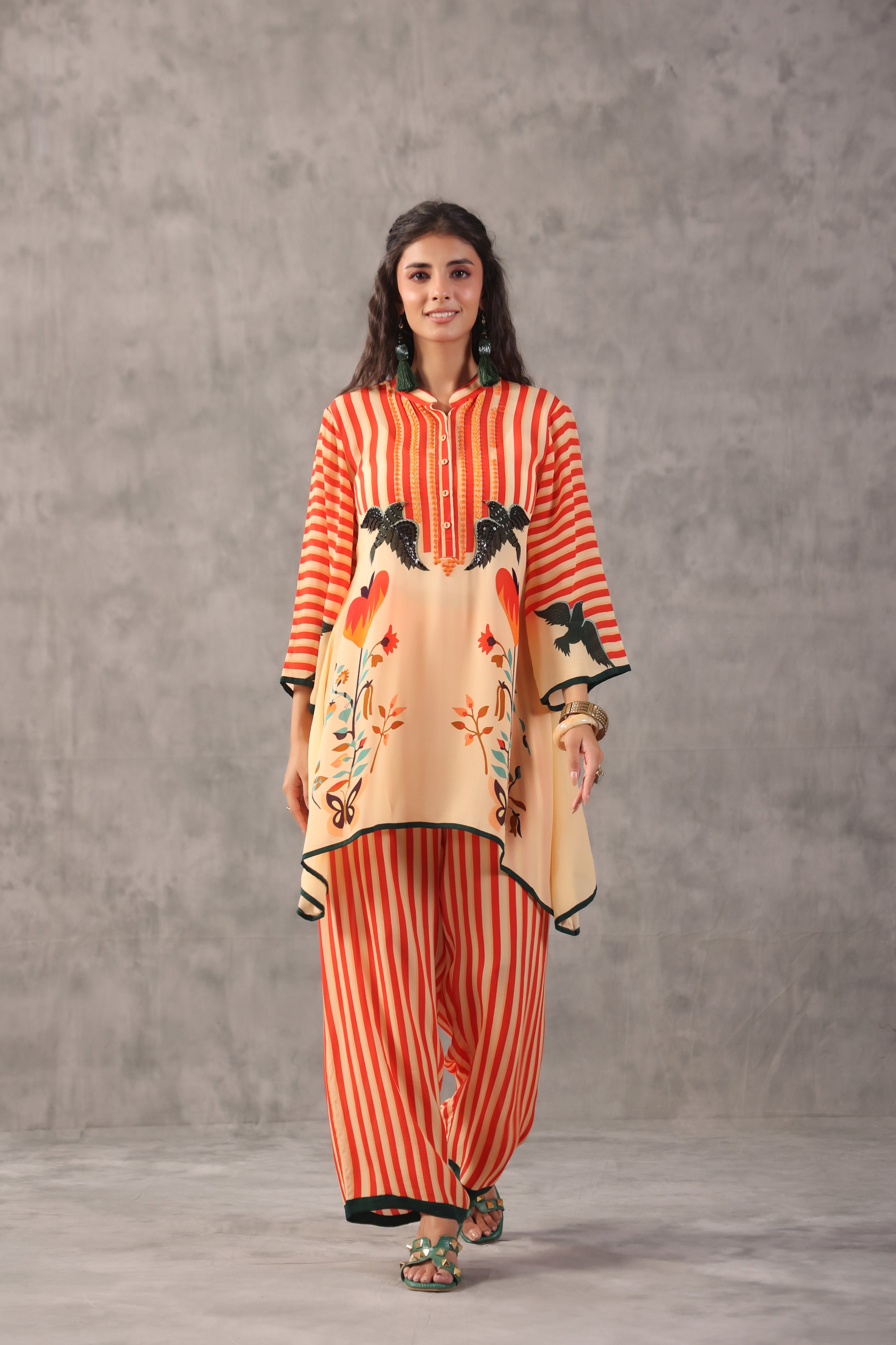 Beige Coral Printed Crepe Silk Co-Ord Set