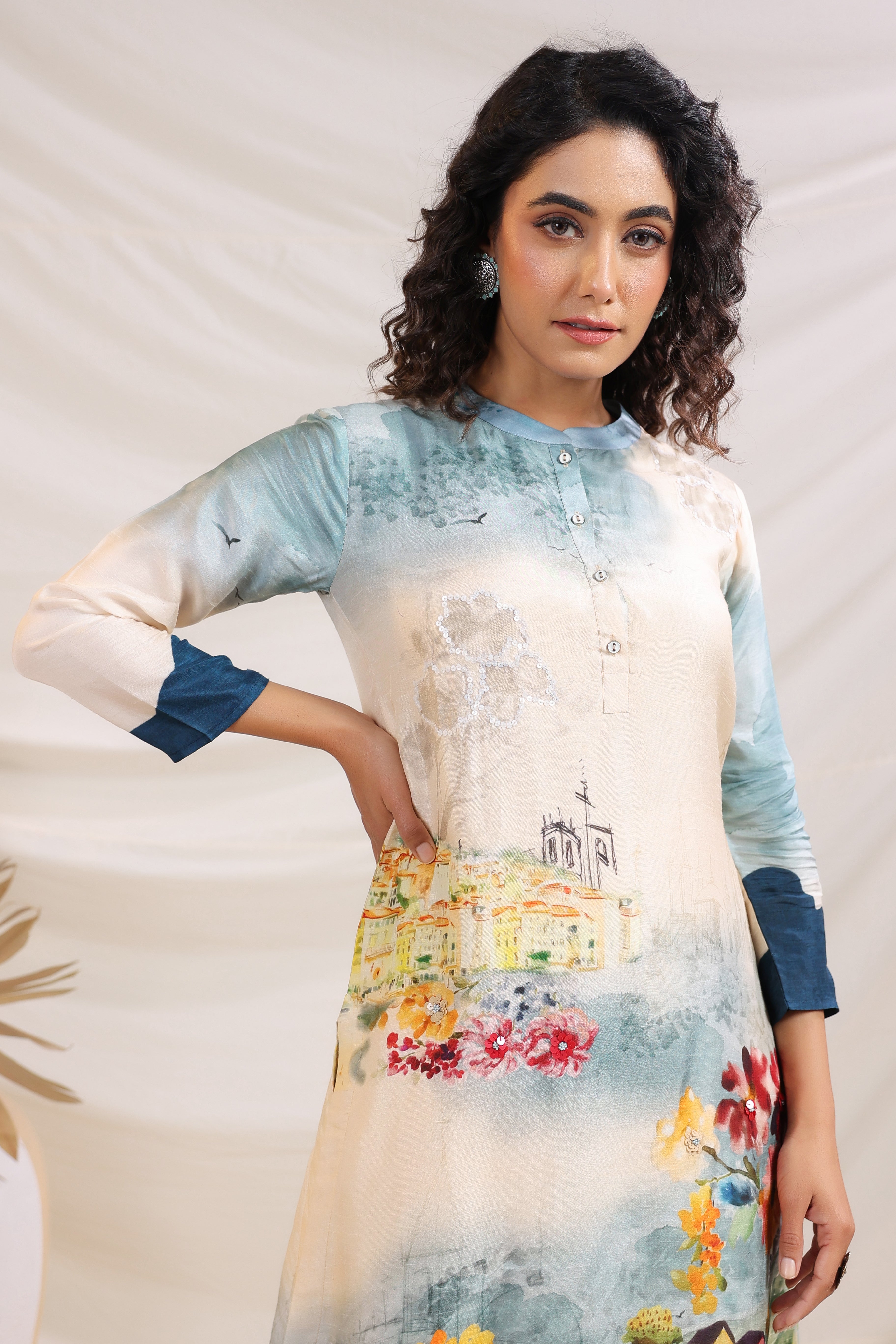 Blue Heaven Printed Dola Silk Kurta Pants Set