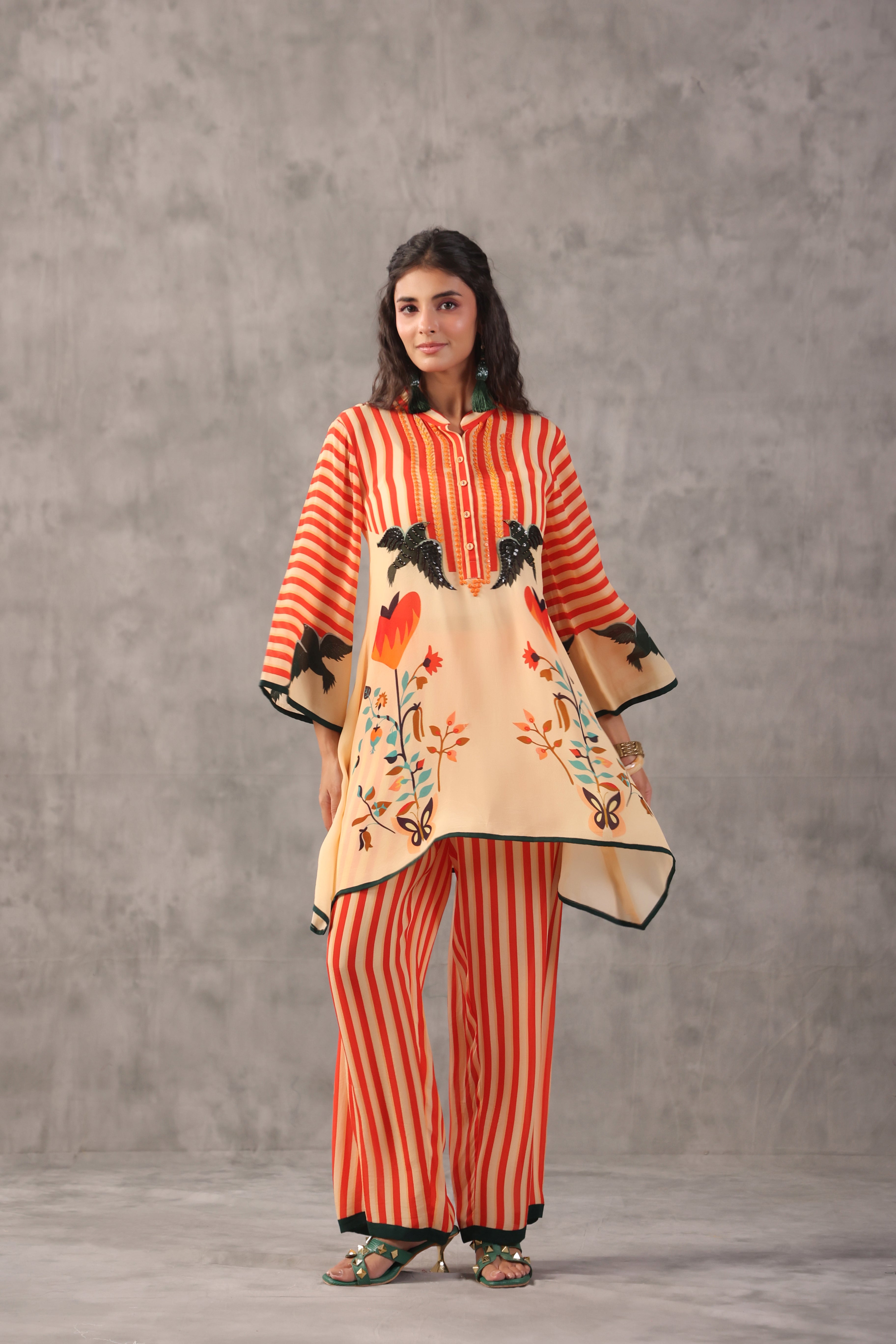 Beige Coral Printed Crepe Silk Co-Ord Set