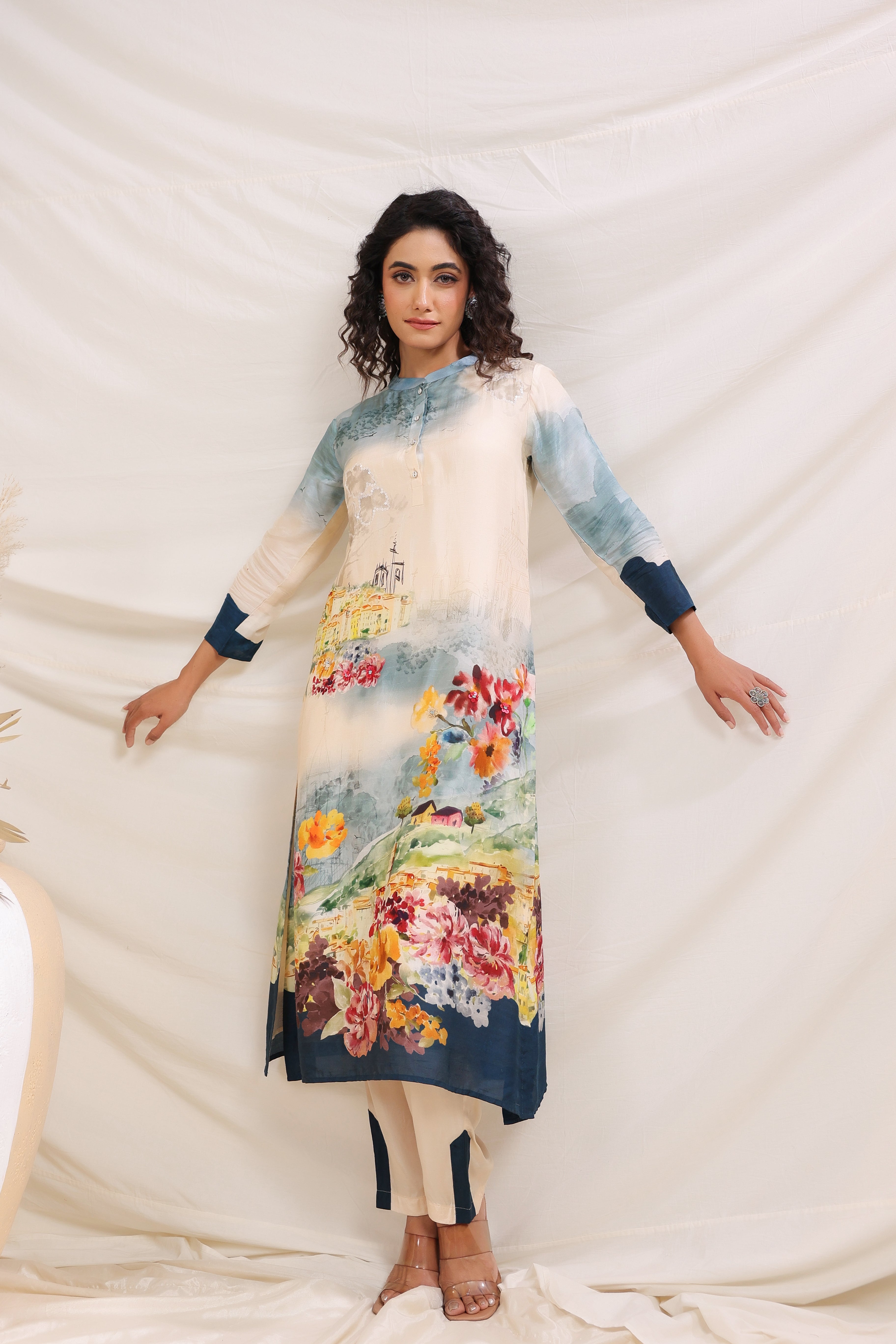 Blue Heaven Printed Dola Silk Kurta Pants Set