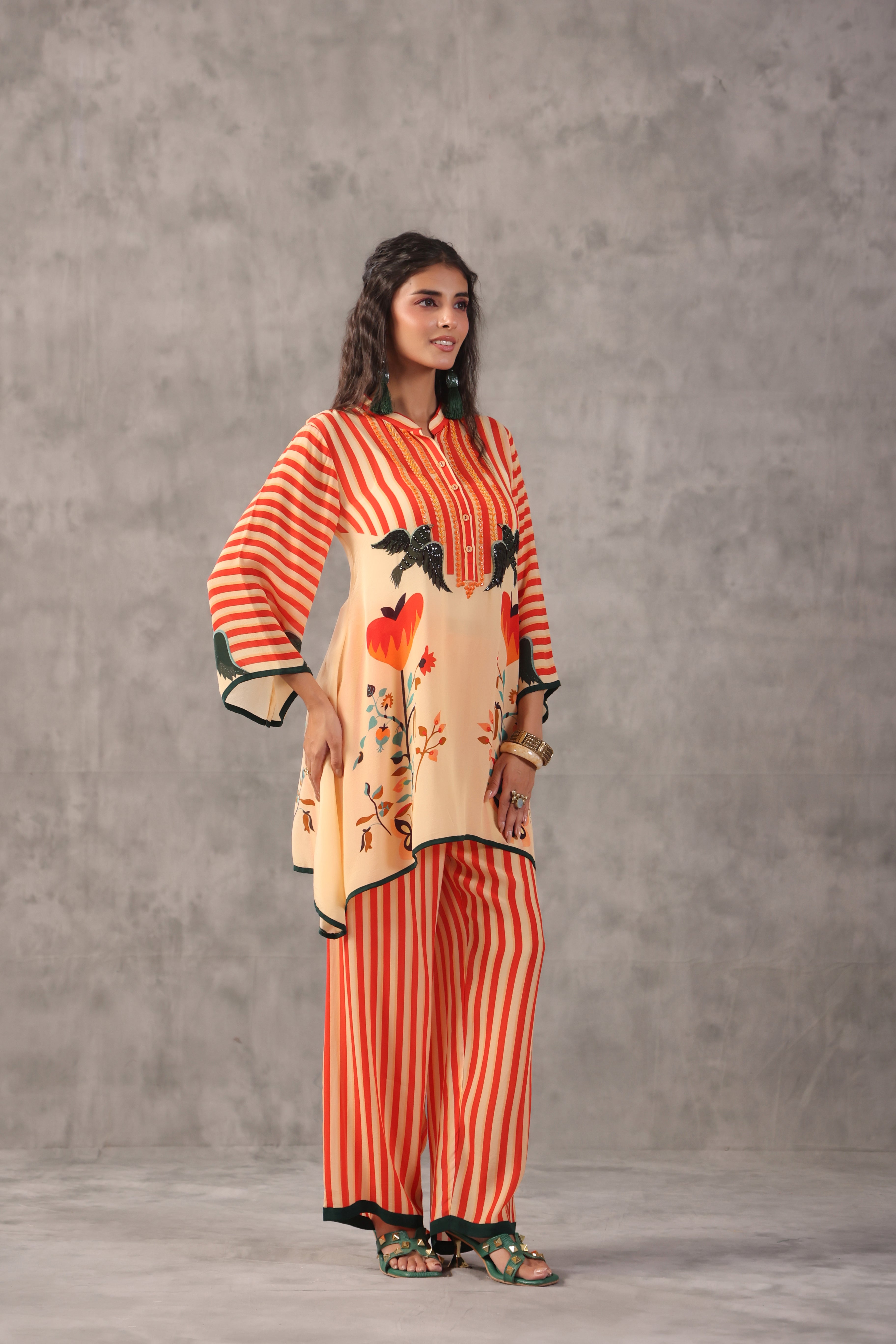 Beige Coral Printed Crepe Silk Co-Ord Set