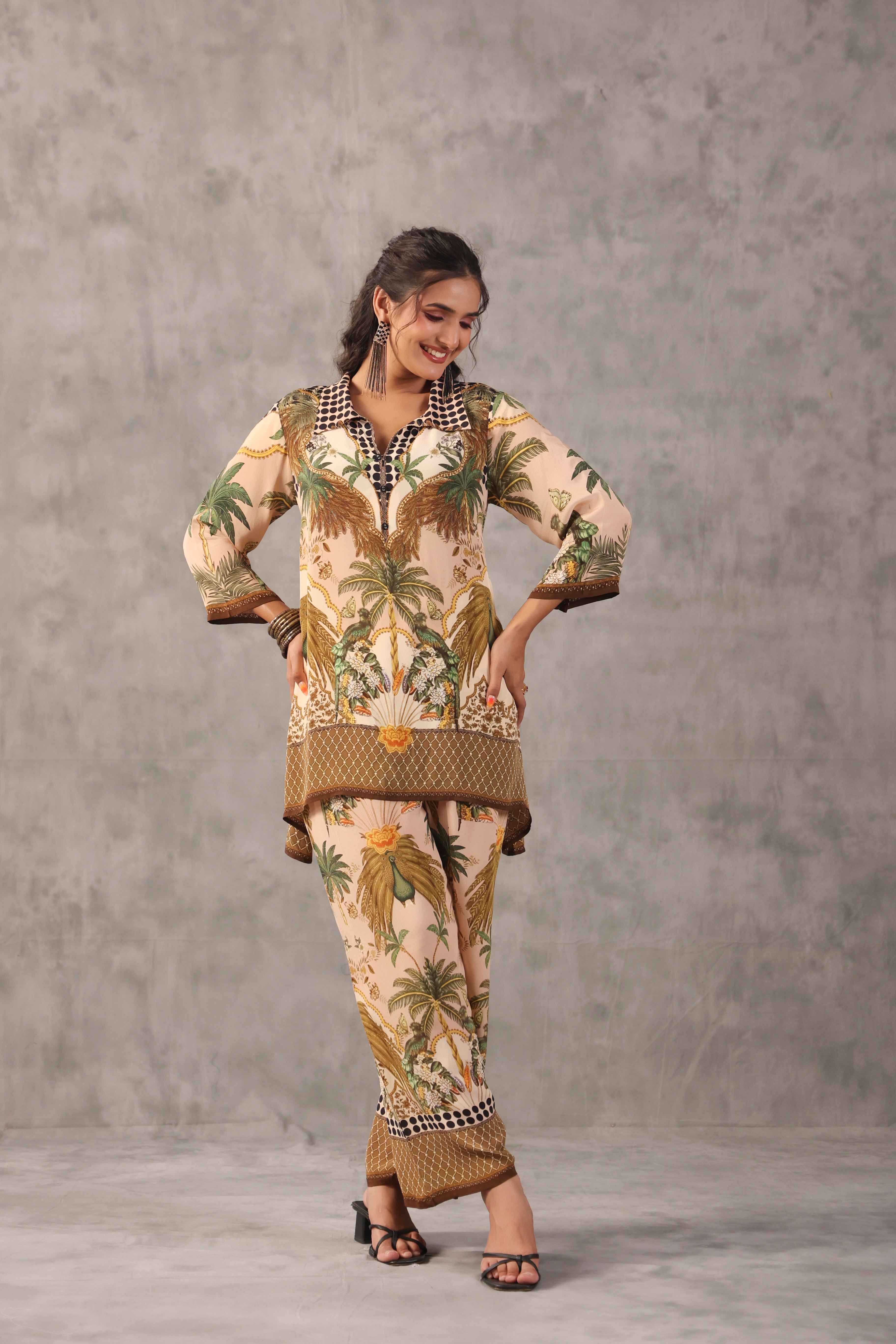 Sand Beige Printed Crepe Silk Co-Ord Set