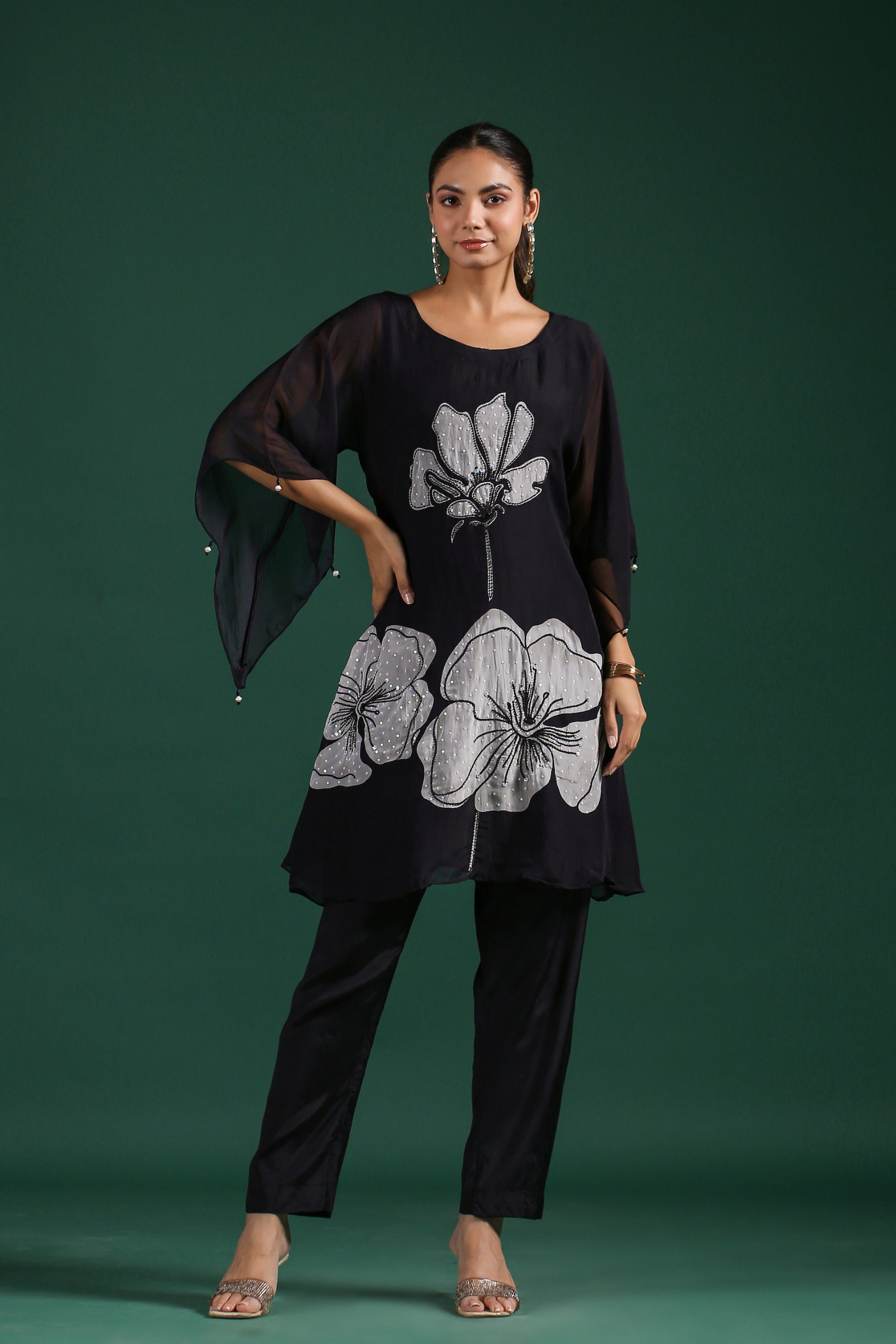 Black Floral Embroidered Pants Set