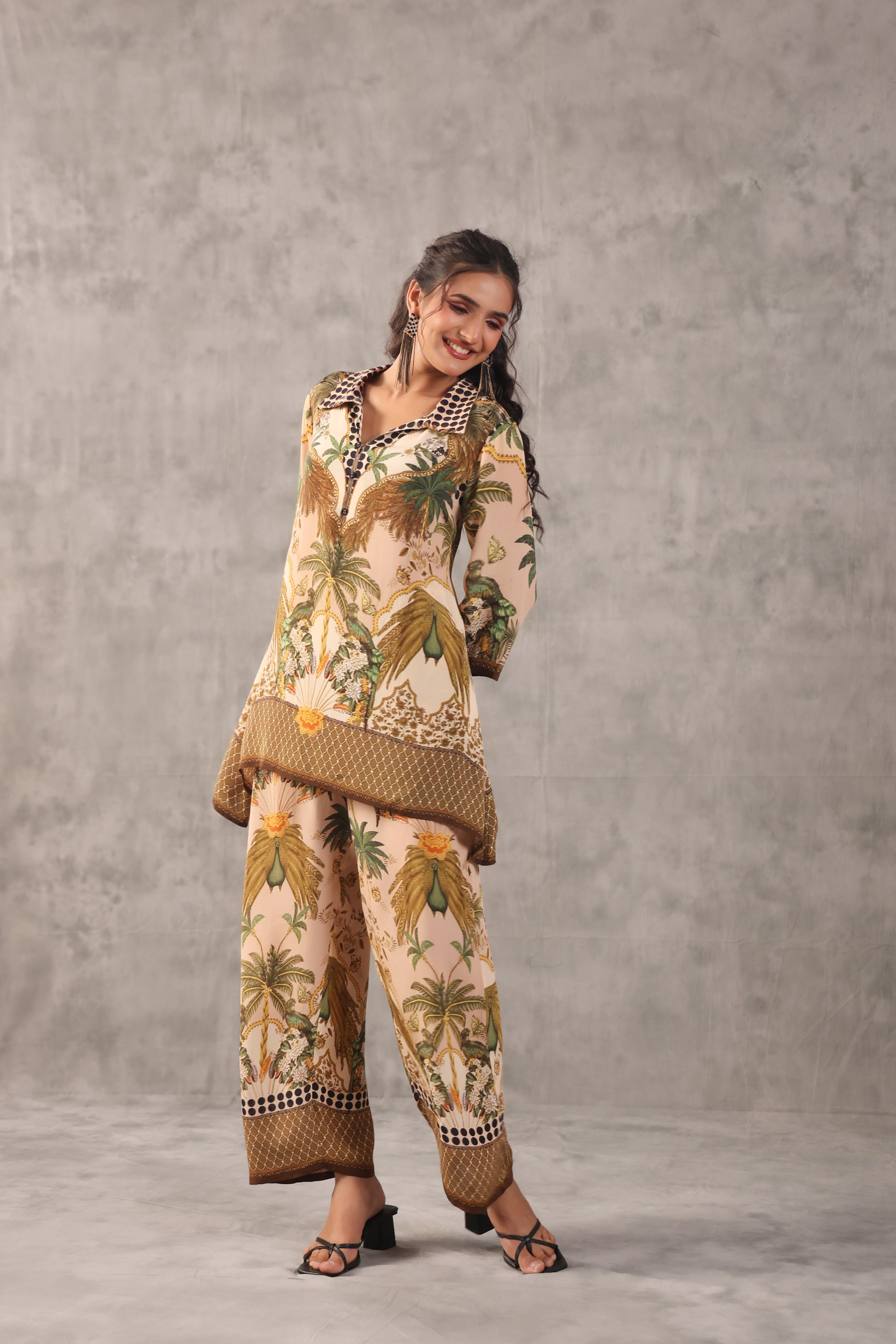 Sand Beige Printed Crepe Silk Co-Ord Set