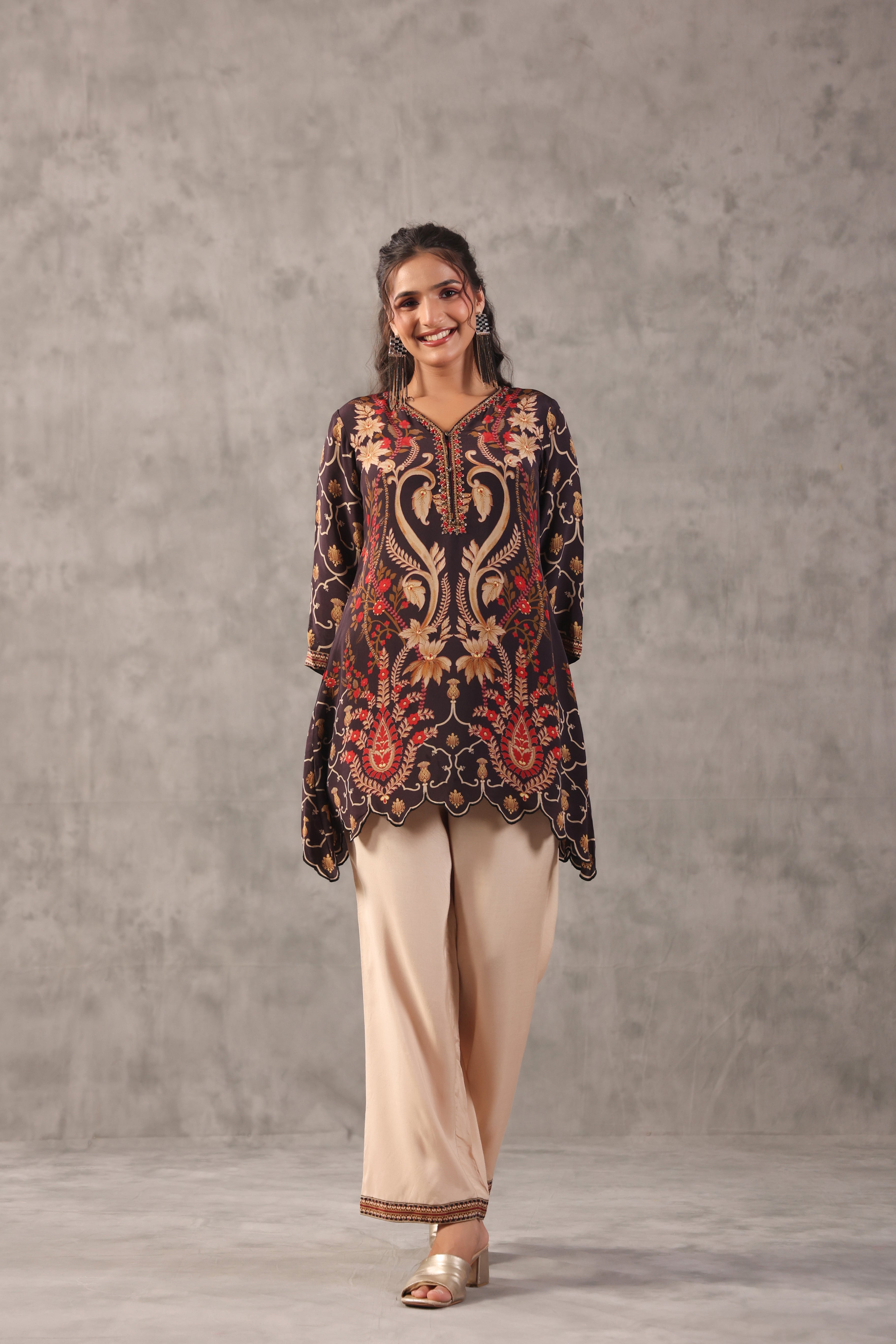 Ecru Brown Embelllished Crepe Silk Co-Ord Set