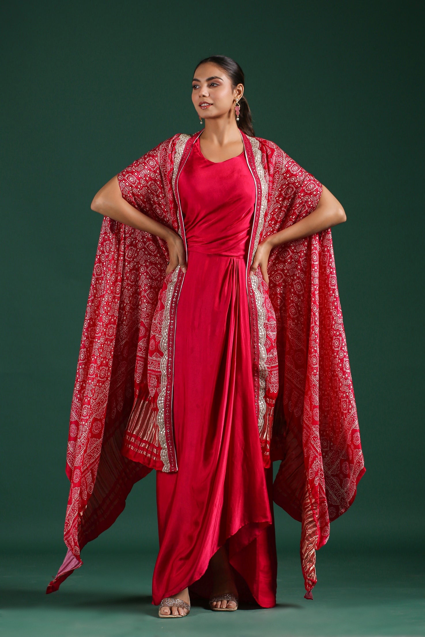 Pink Traditional Printed Satin Silk Cape Gown
