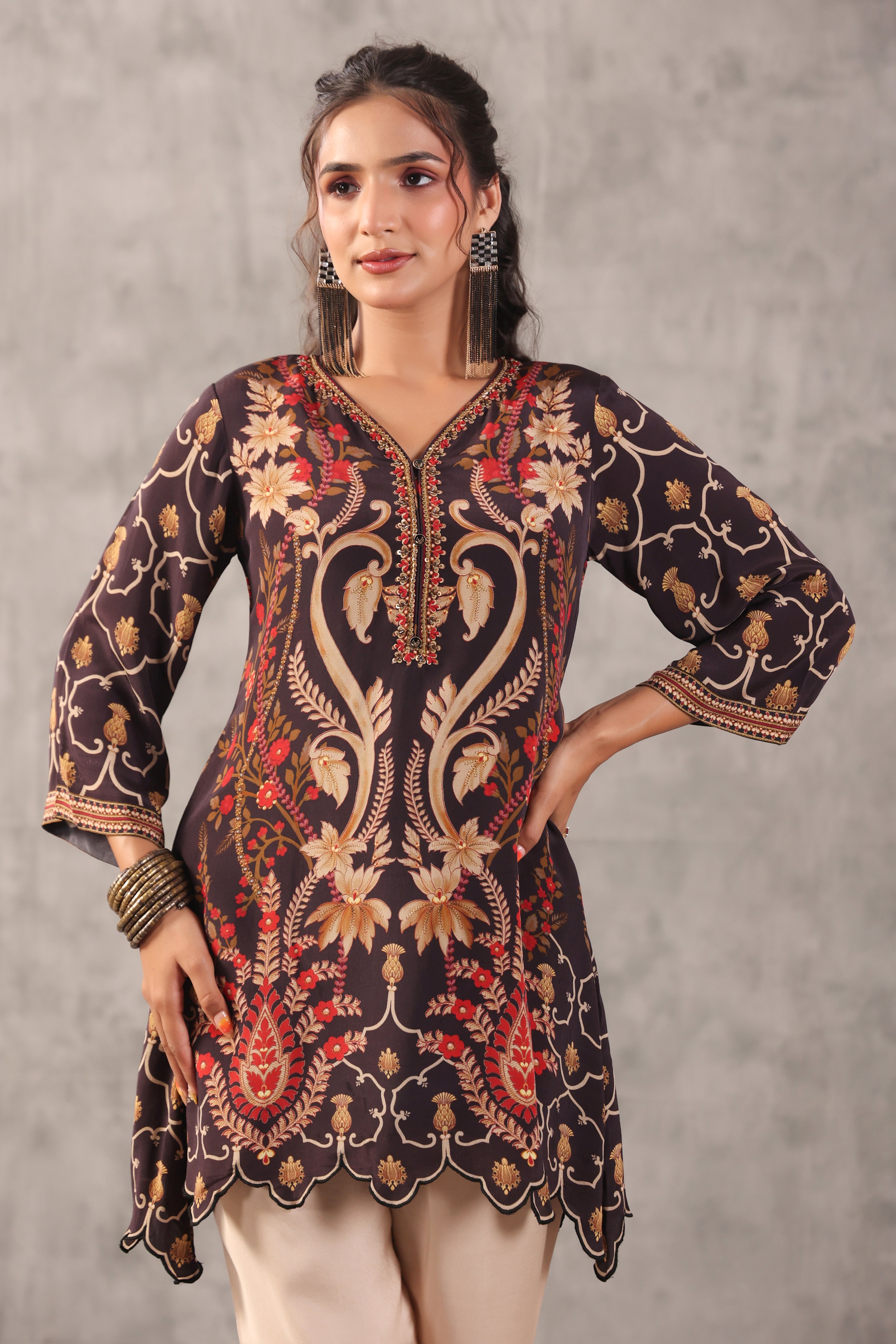 Ecru Brown Embelllished Crepe Silk Co-Ord Set