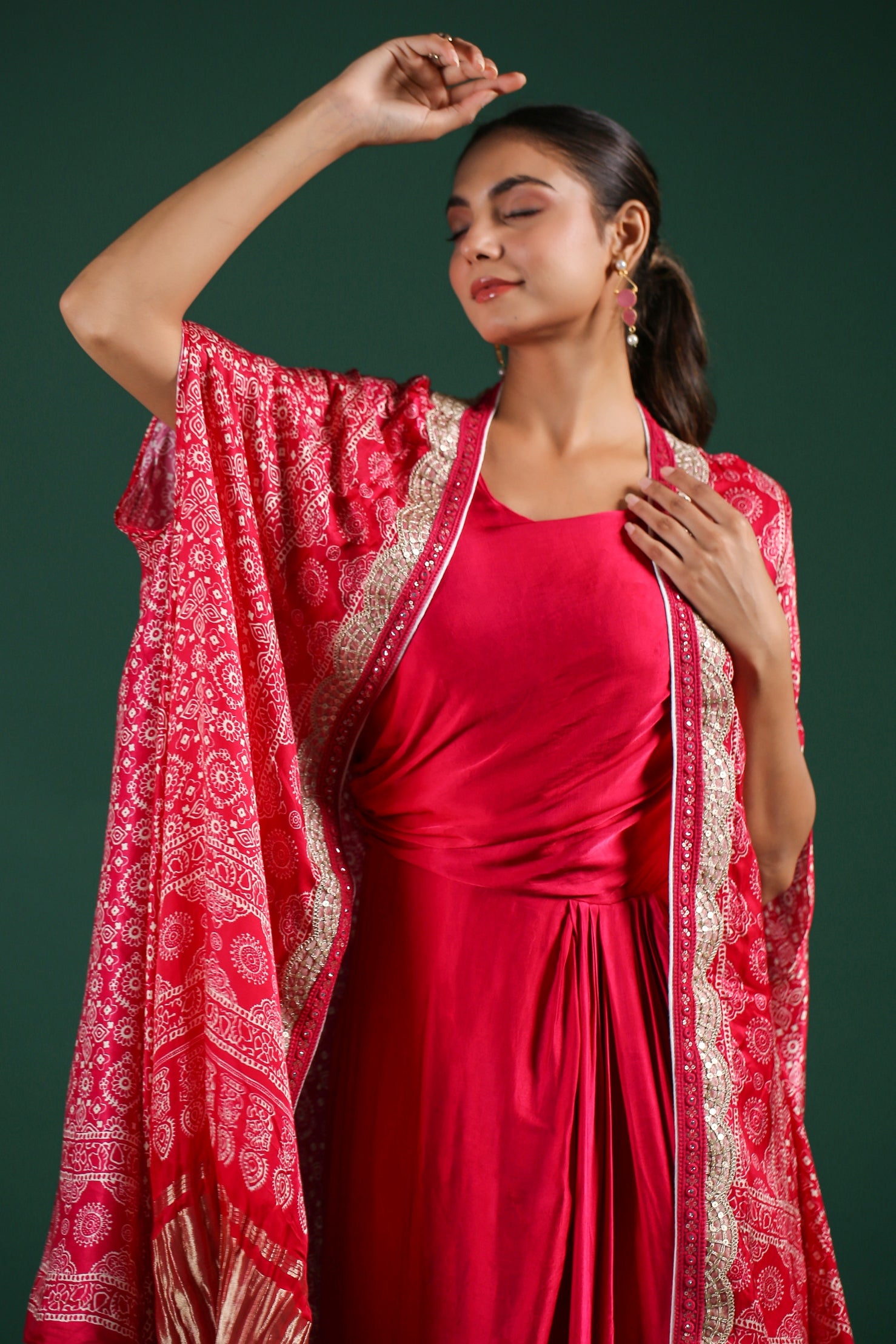 Pink Traditional Printed Satin Silk Cape Gown