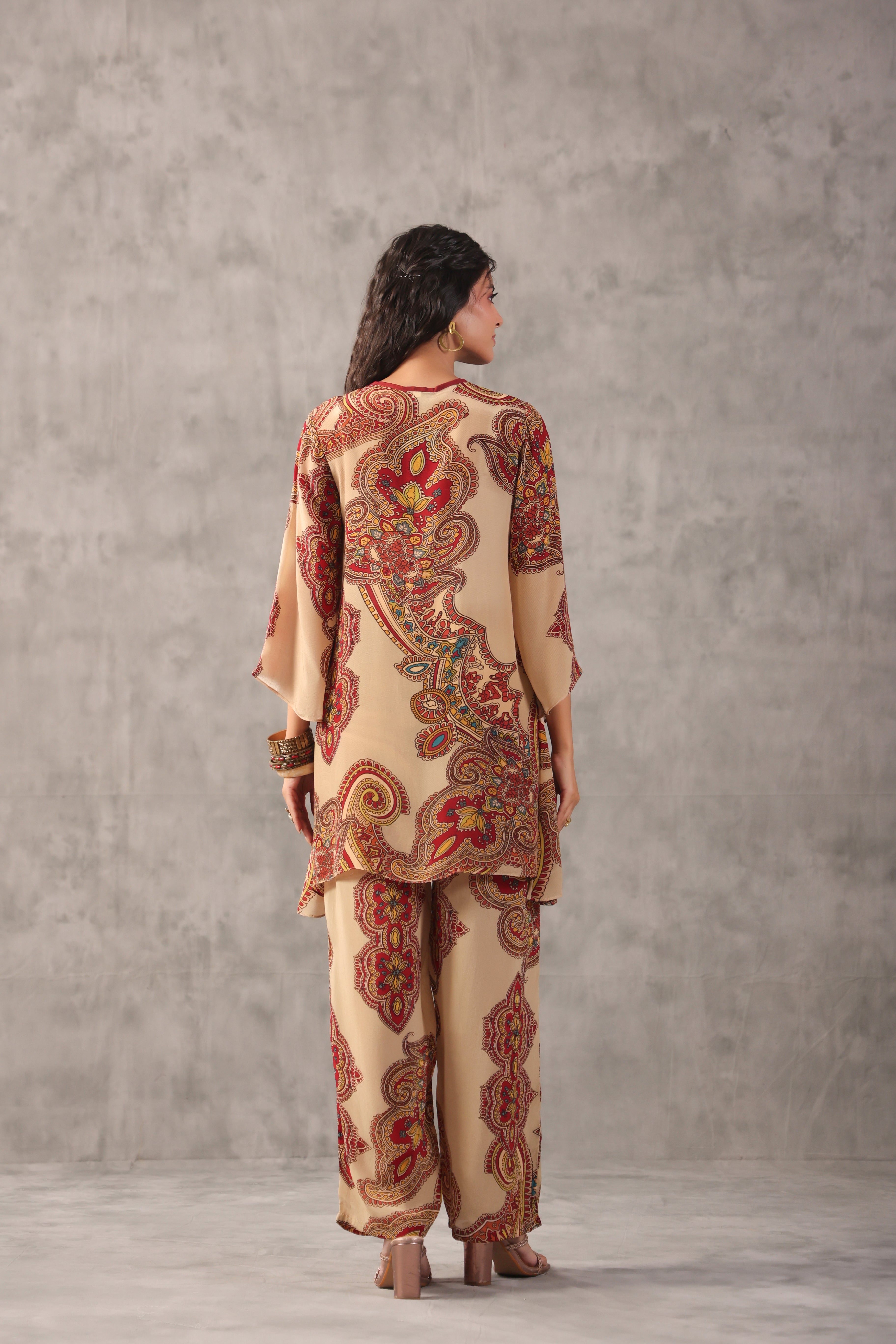 Beige Paisley Printed Crepe Silk Co-Ord Set