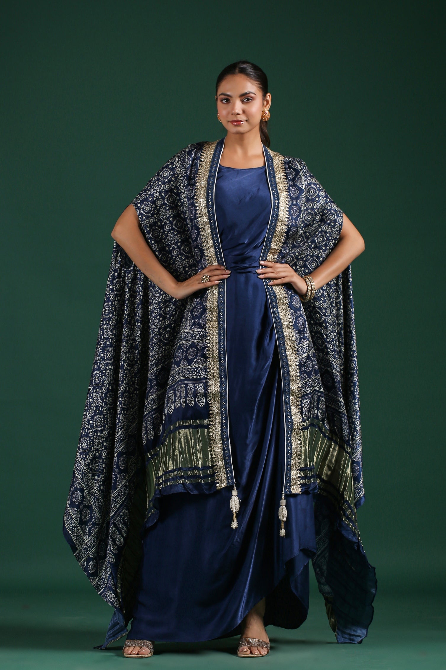 Blue Traditional Printed Satin Silk Cape Gown