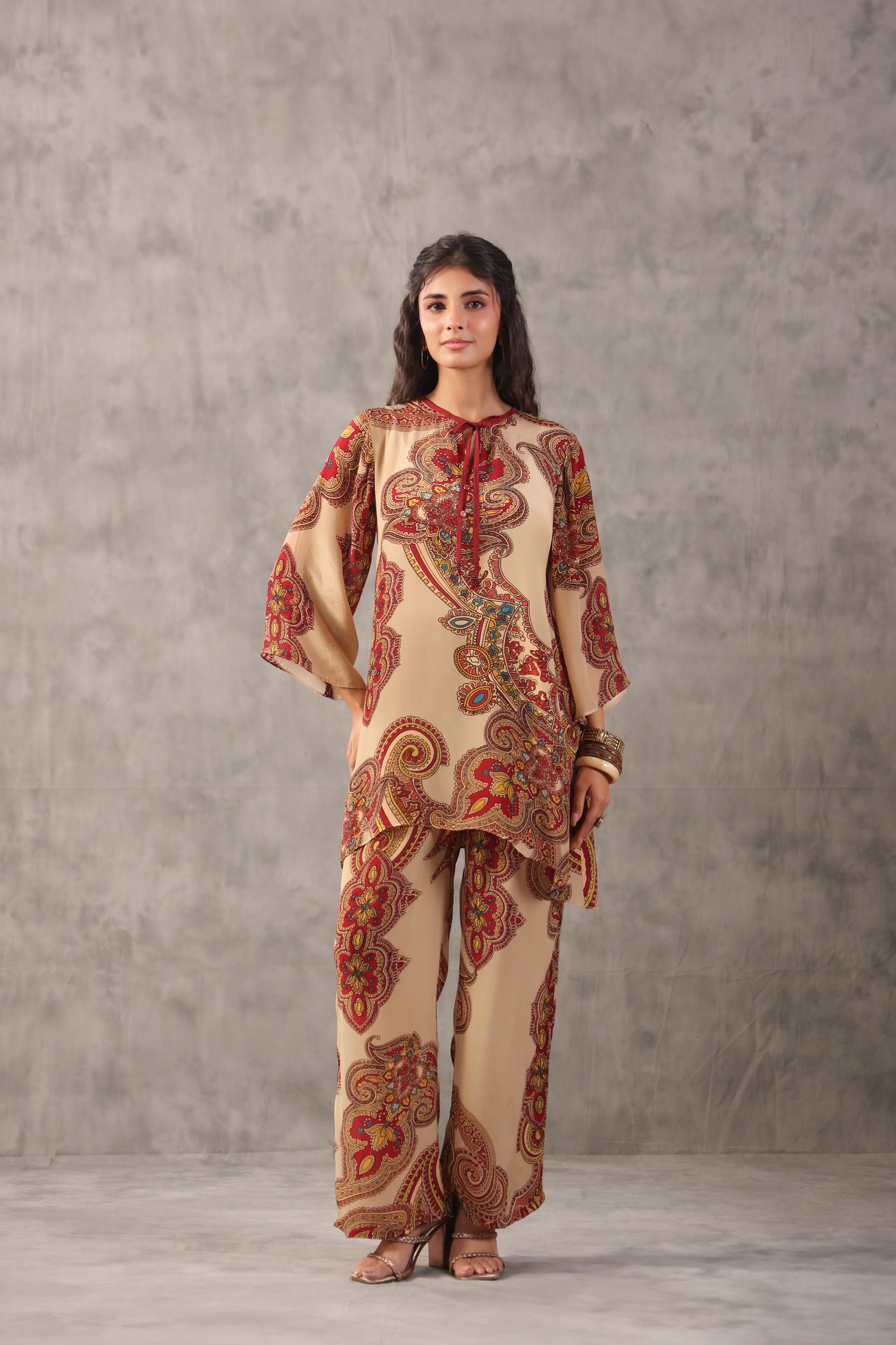 Beige Paisley Printed Crepe Silk Co-Ord Set