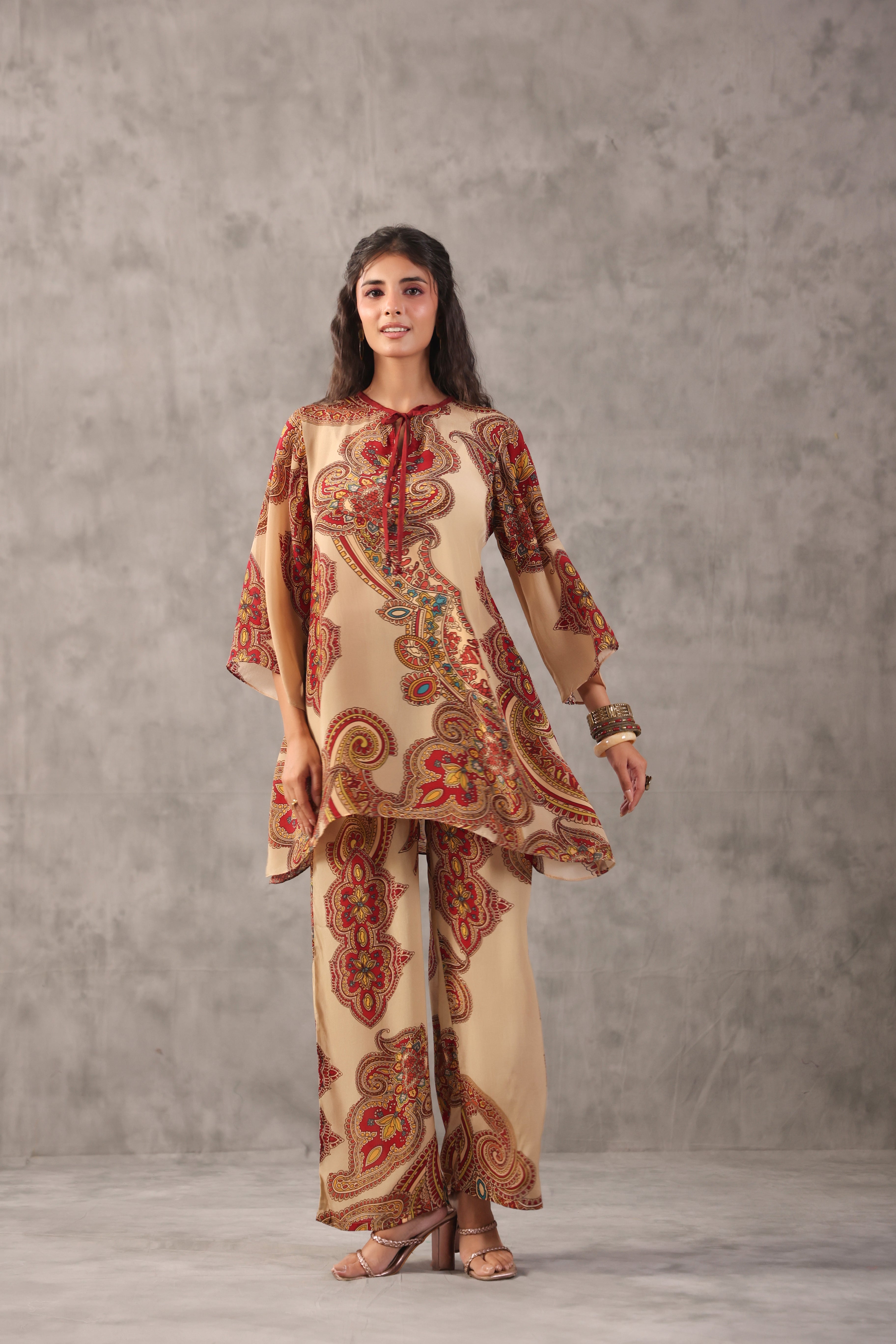 Beige Paisley Printed Crepe Silk Co-Ord Set