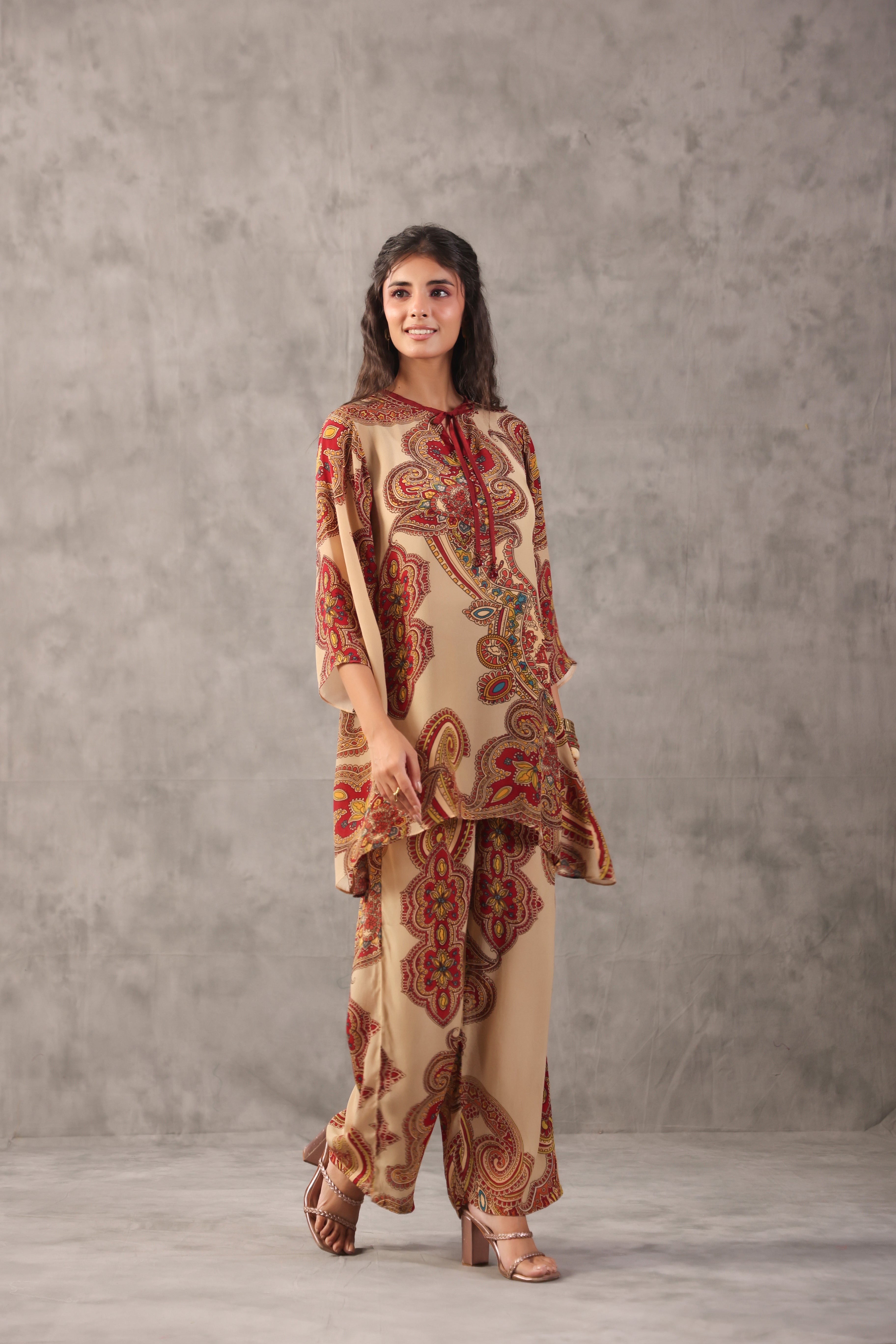 Beige Paisley Printed Crepe Silk Co-Ord Set