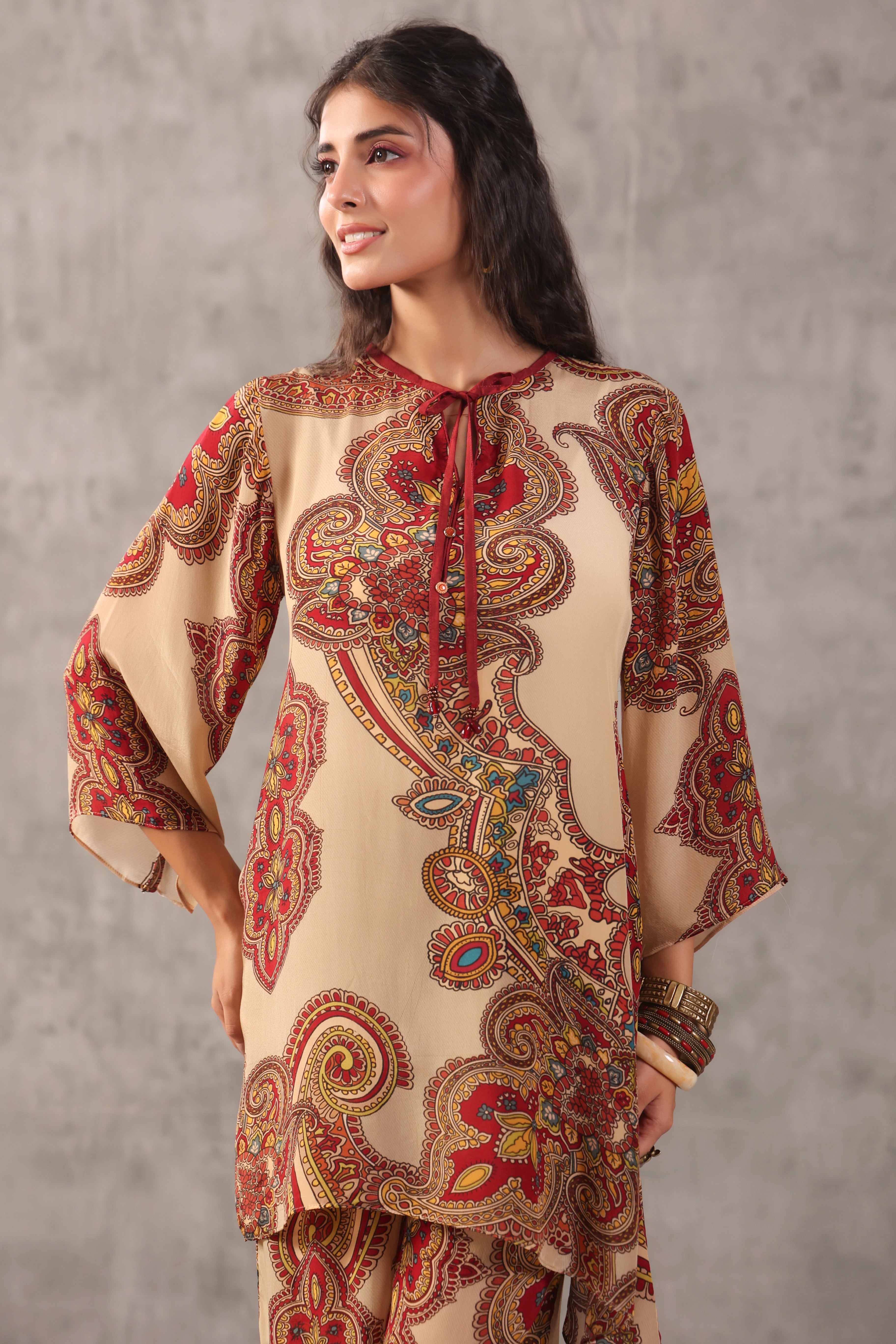 Beige Paisley Printed Crepe Silk Co-Ord Set
