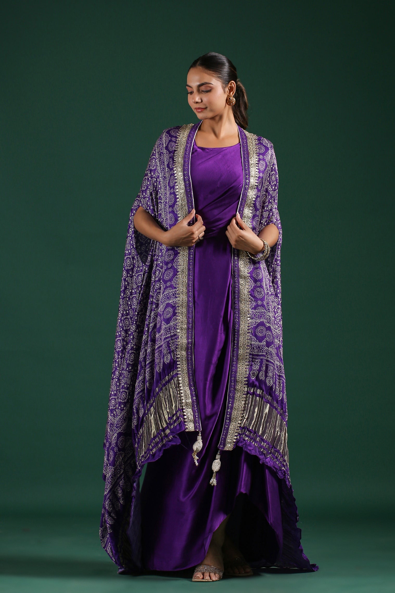 Purple Traditional Printed Satin Silk Cape Gown
