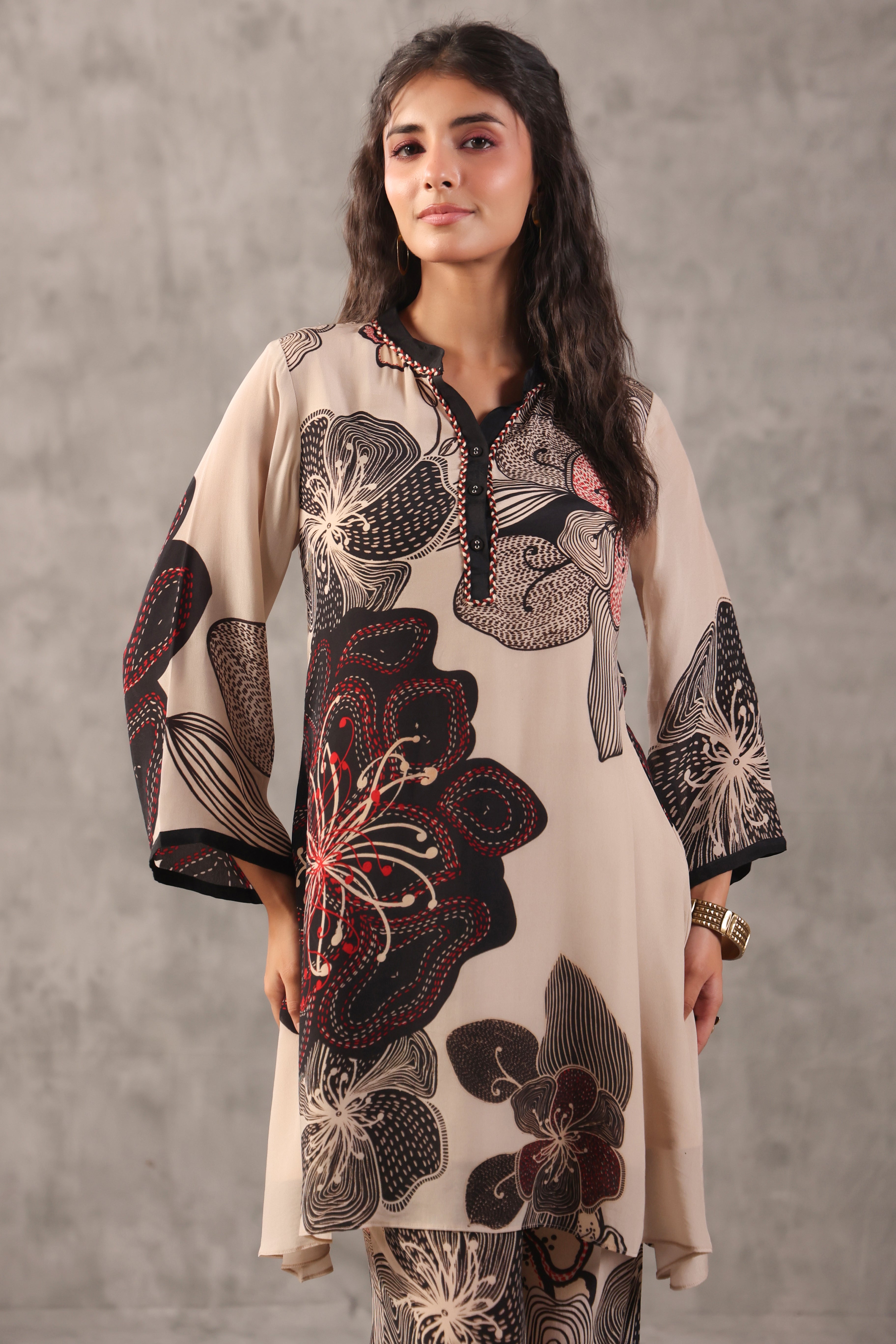 Ecru Beige Embelllished Crepe Silk Co-Ord Set