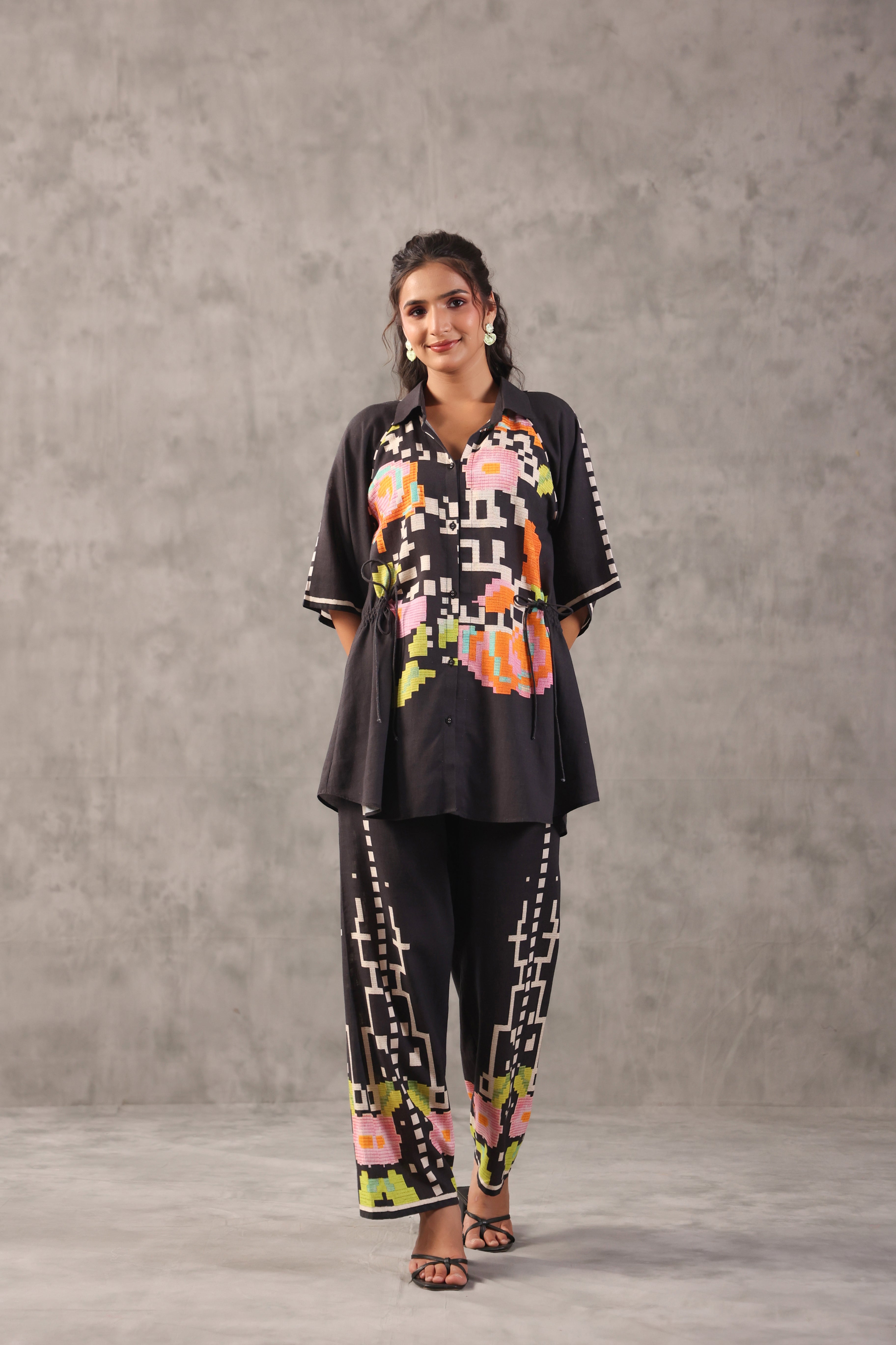 Black Ebony Embroidered Linen Co-Ord Set