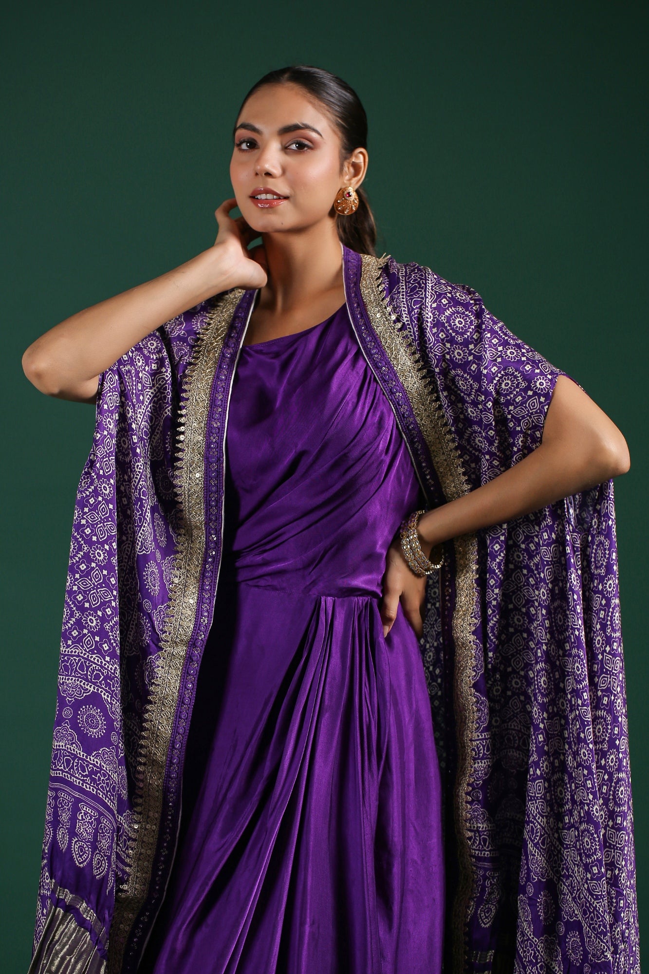 Purple Traditional Printed Satin Silk Cape Gown