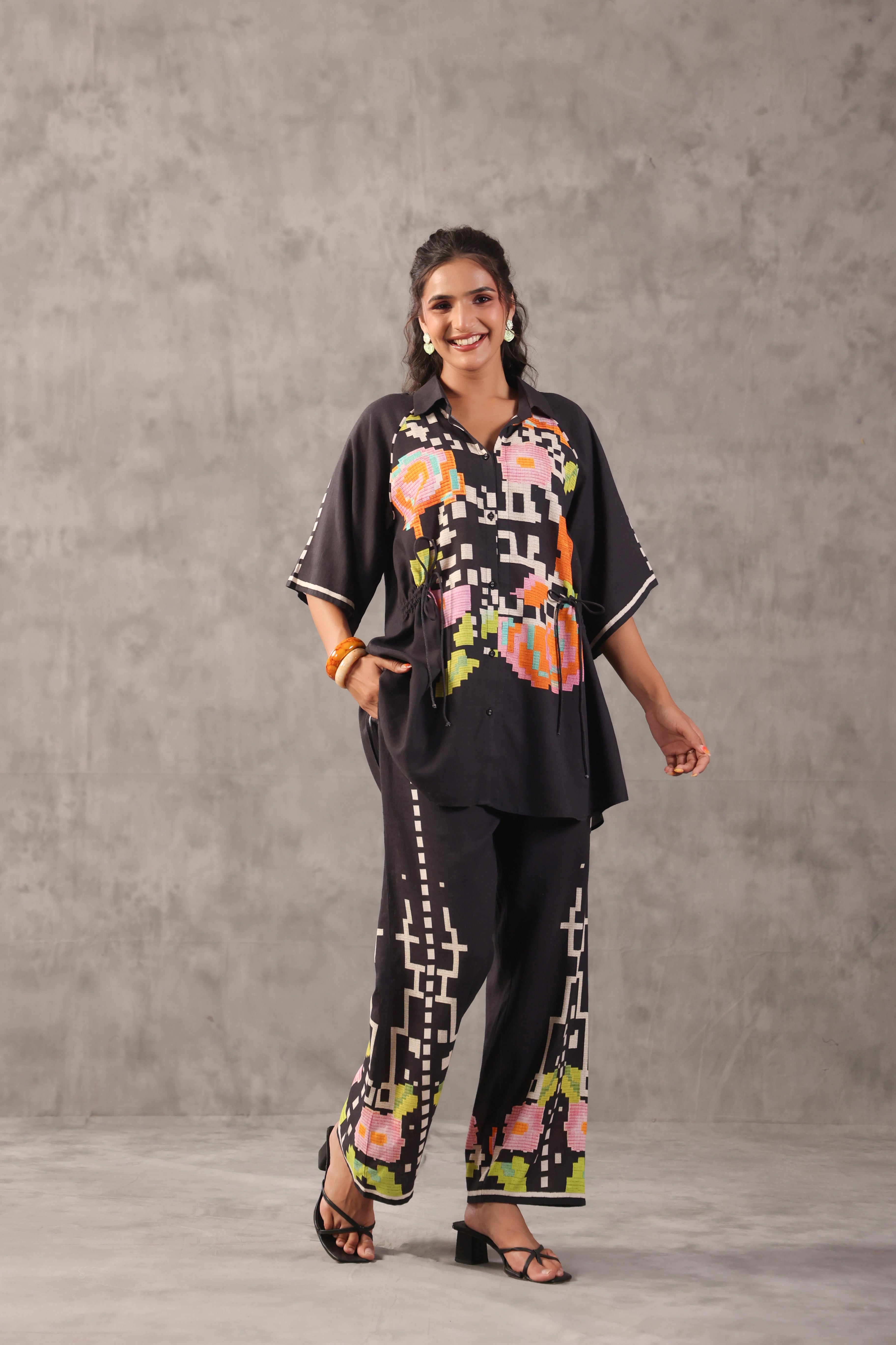 Black Ebony Embroidered Linen Co-Ord Set