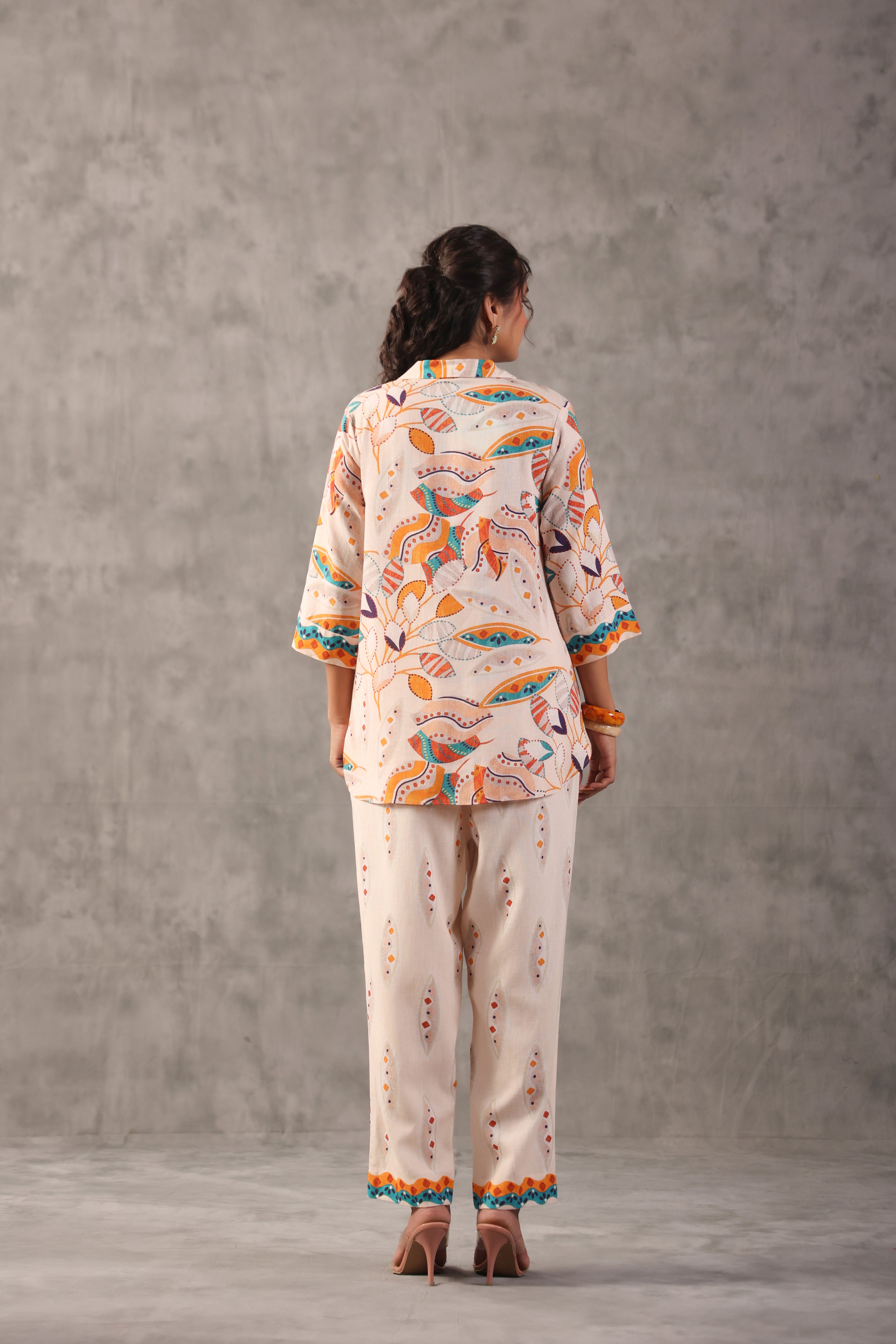 Ivory Cream Printed Linen Co-Ord Set
