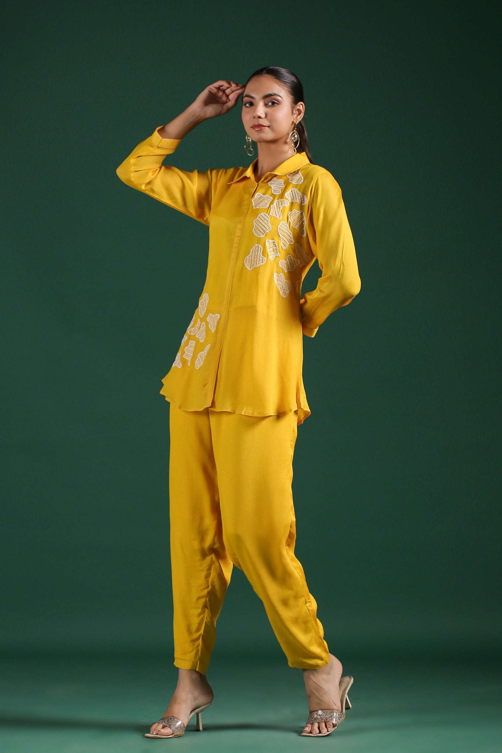Yellow Beads Embroidered Crepe Silk Co-ord Set