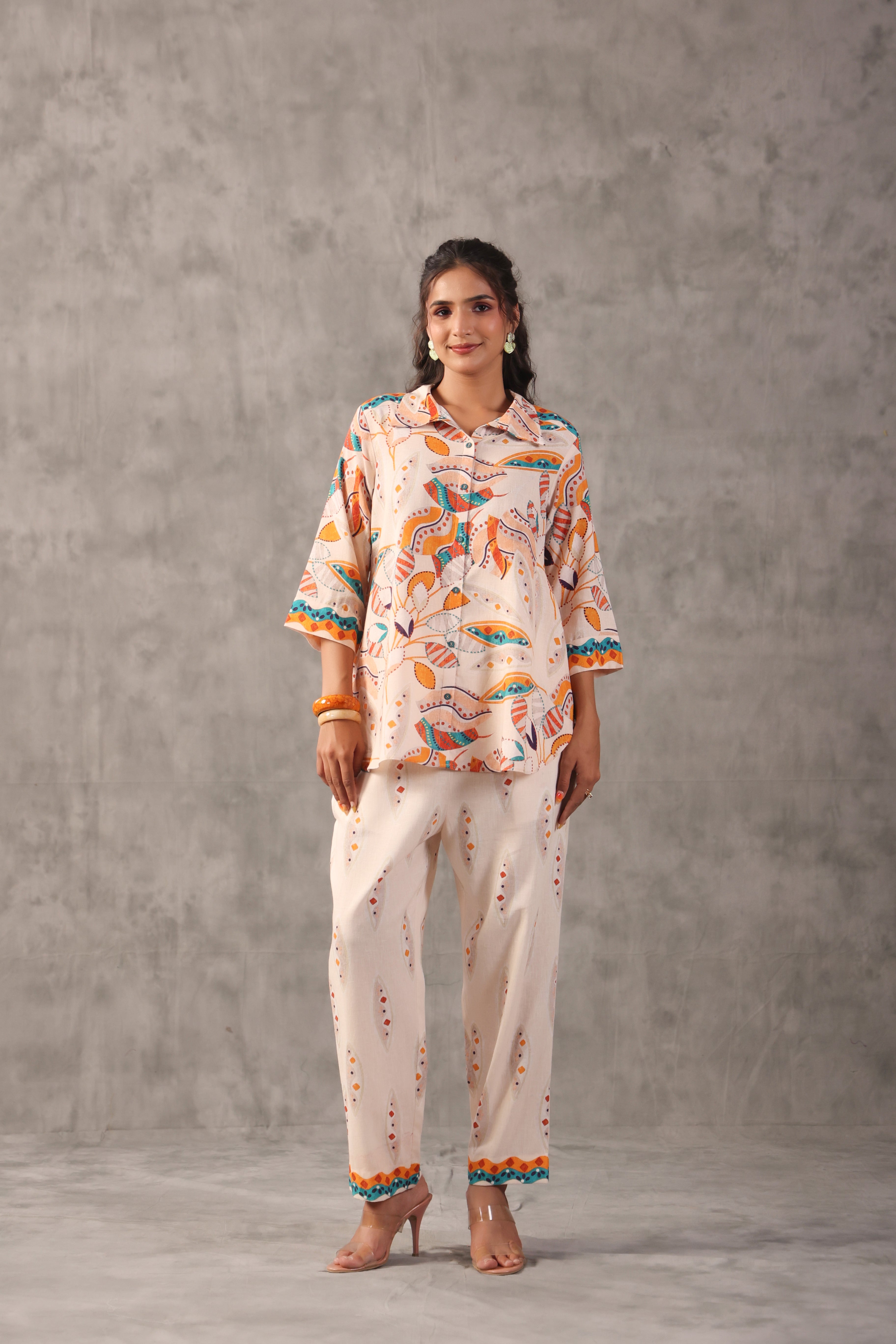 Ivory Cream Printed Linen Co-Ord Set