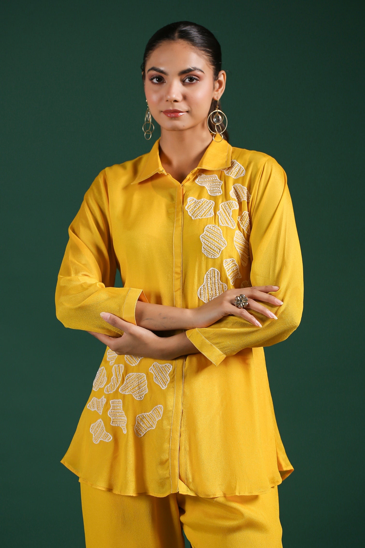 Yellow Beads Embroidered Crepe Silk Co-ord Set