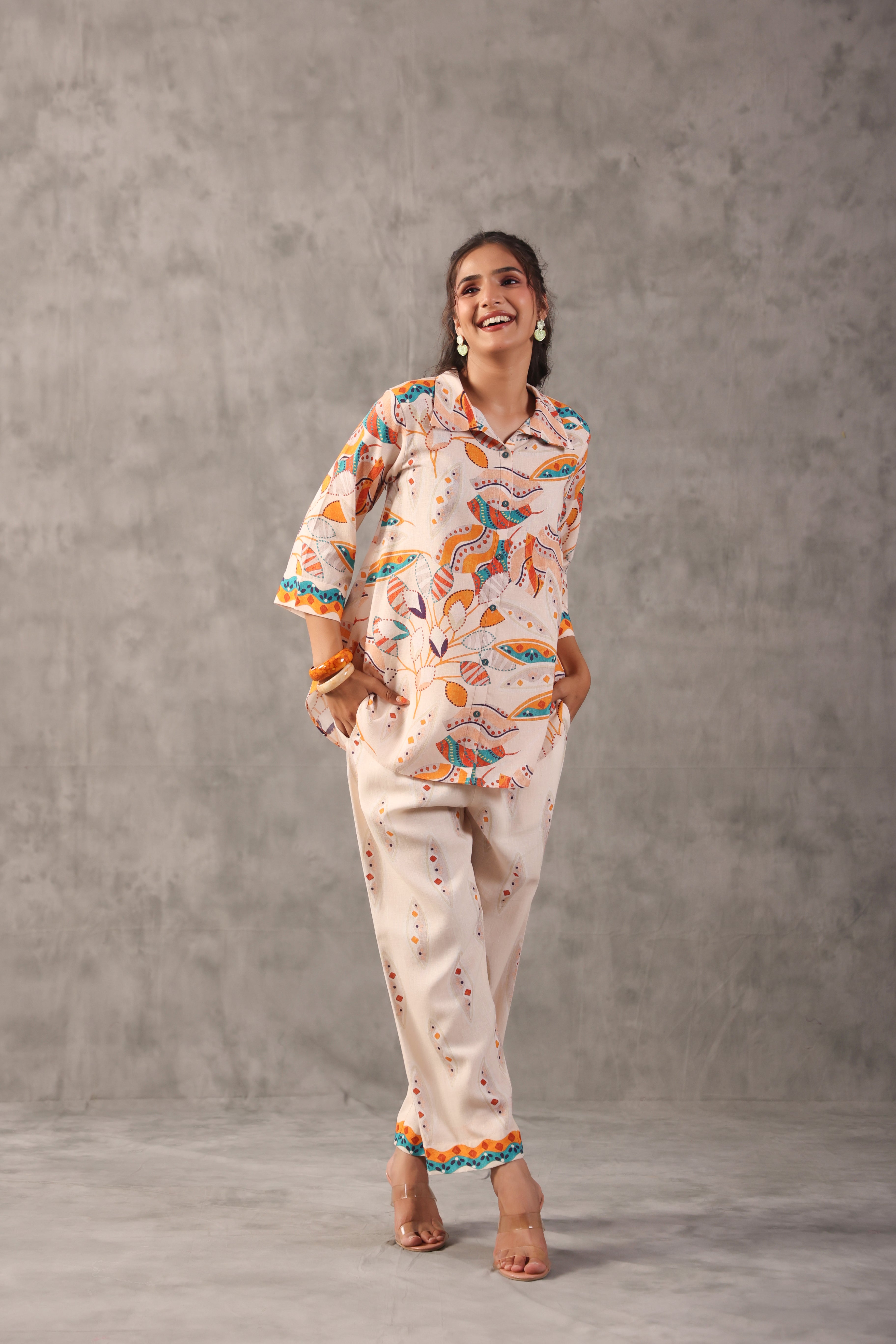 Ivory Cream Printed Linen Co-Ord Set