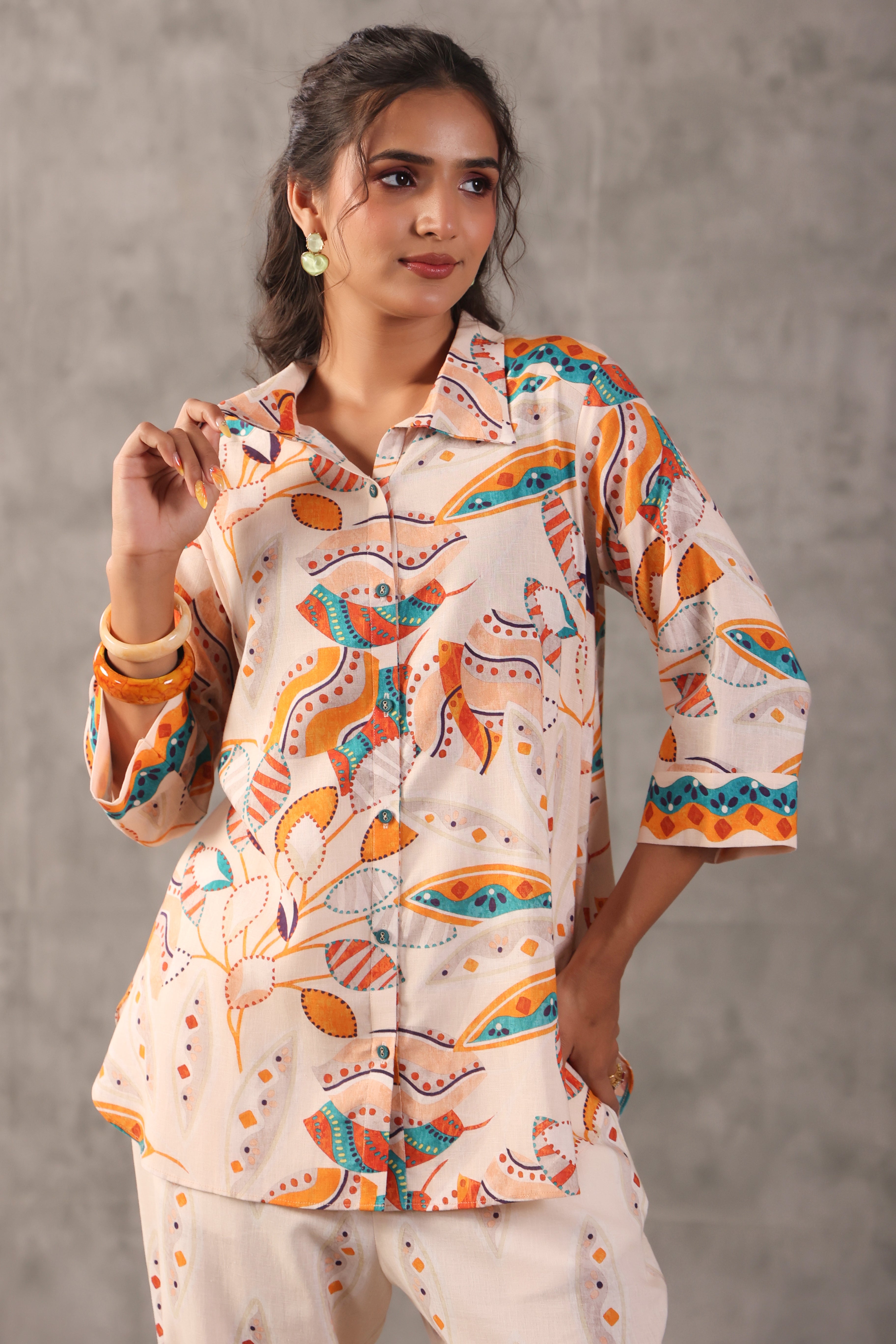 Ivory Cream Printed Linen Co-Ord Set