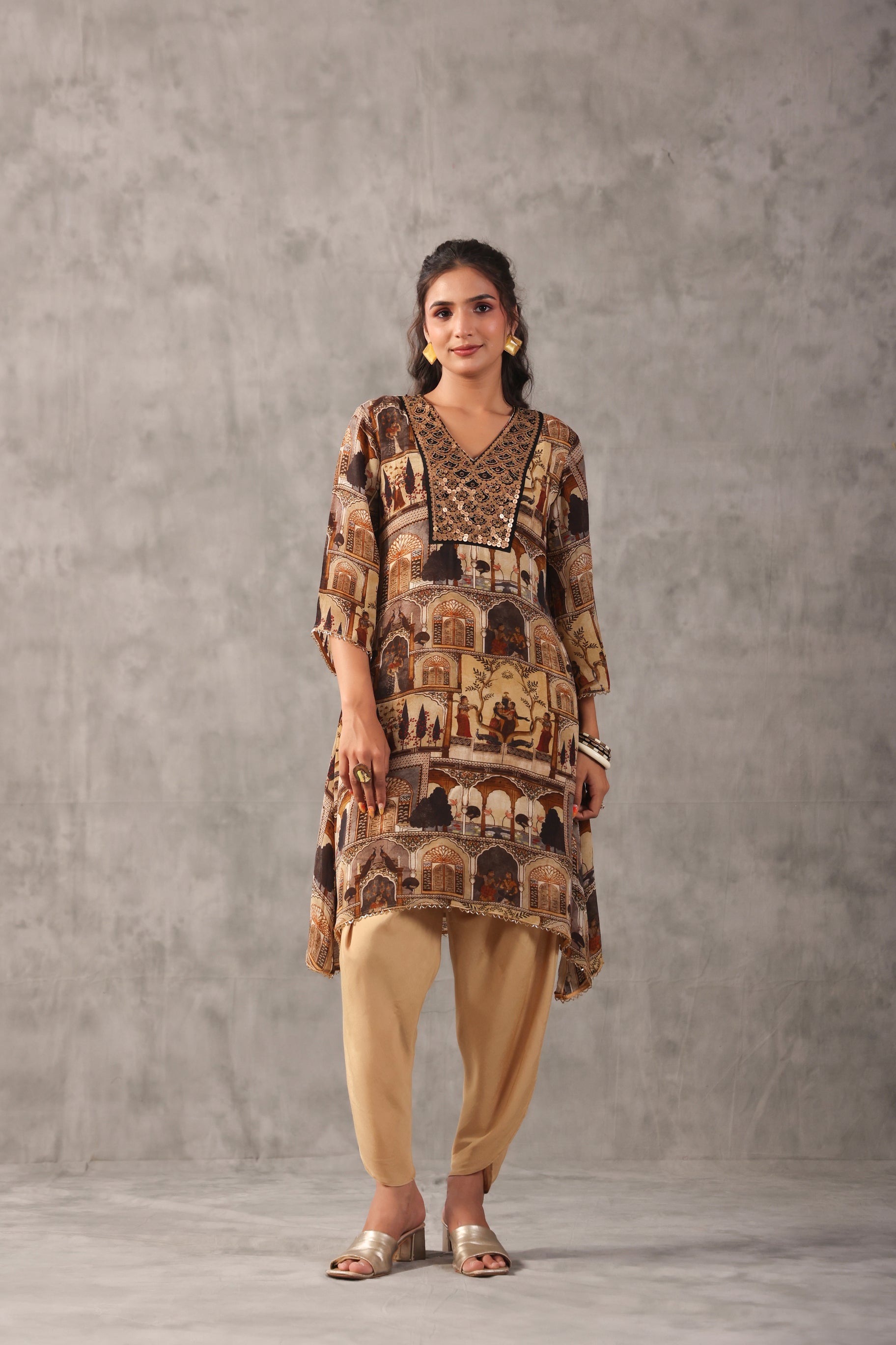 Mughal Sepia Printed Viscose Crepe Silk Co-Ord Set