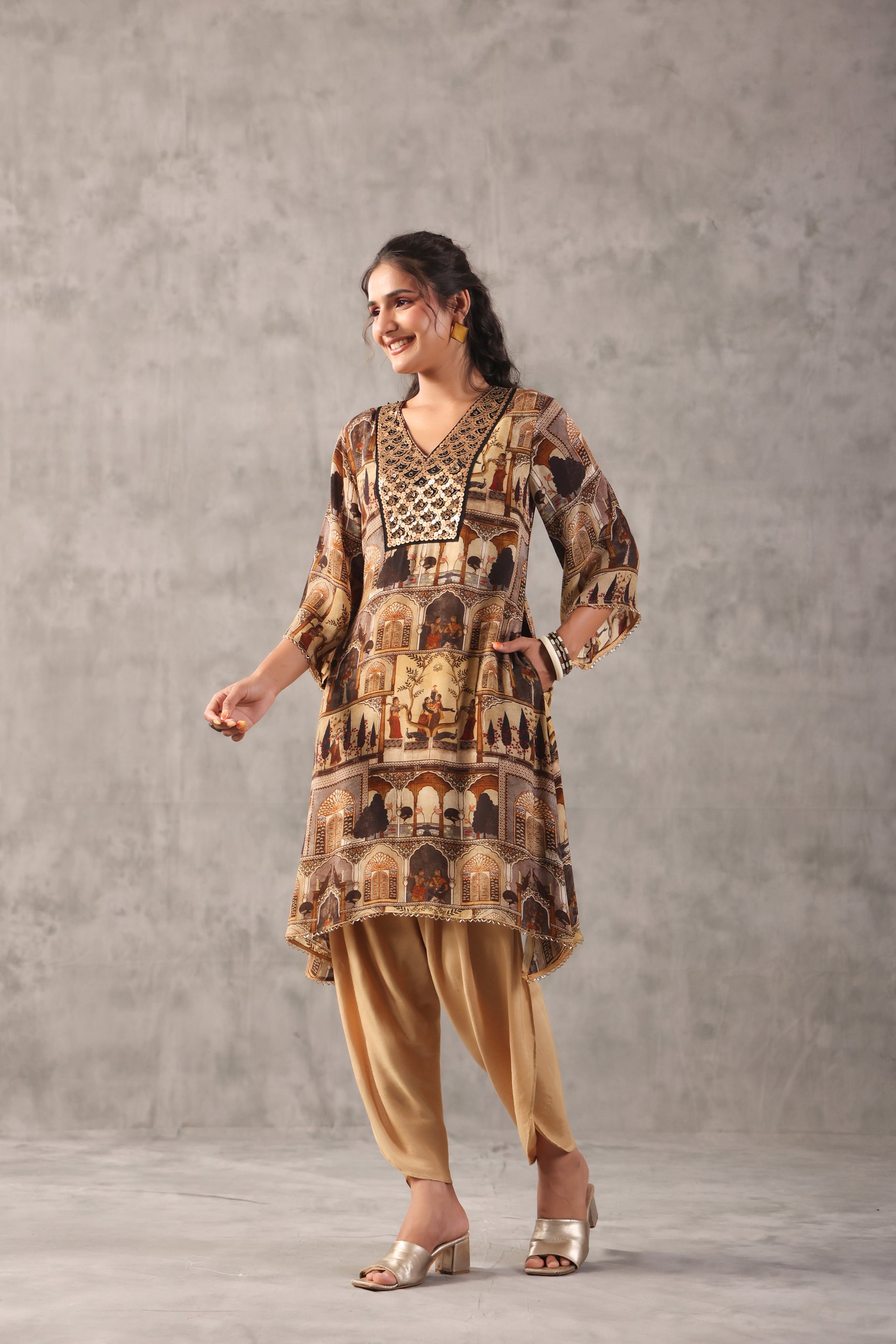 Mughal Sepia Printed Viscose Crepe Silk Co-Ord Set