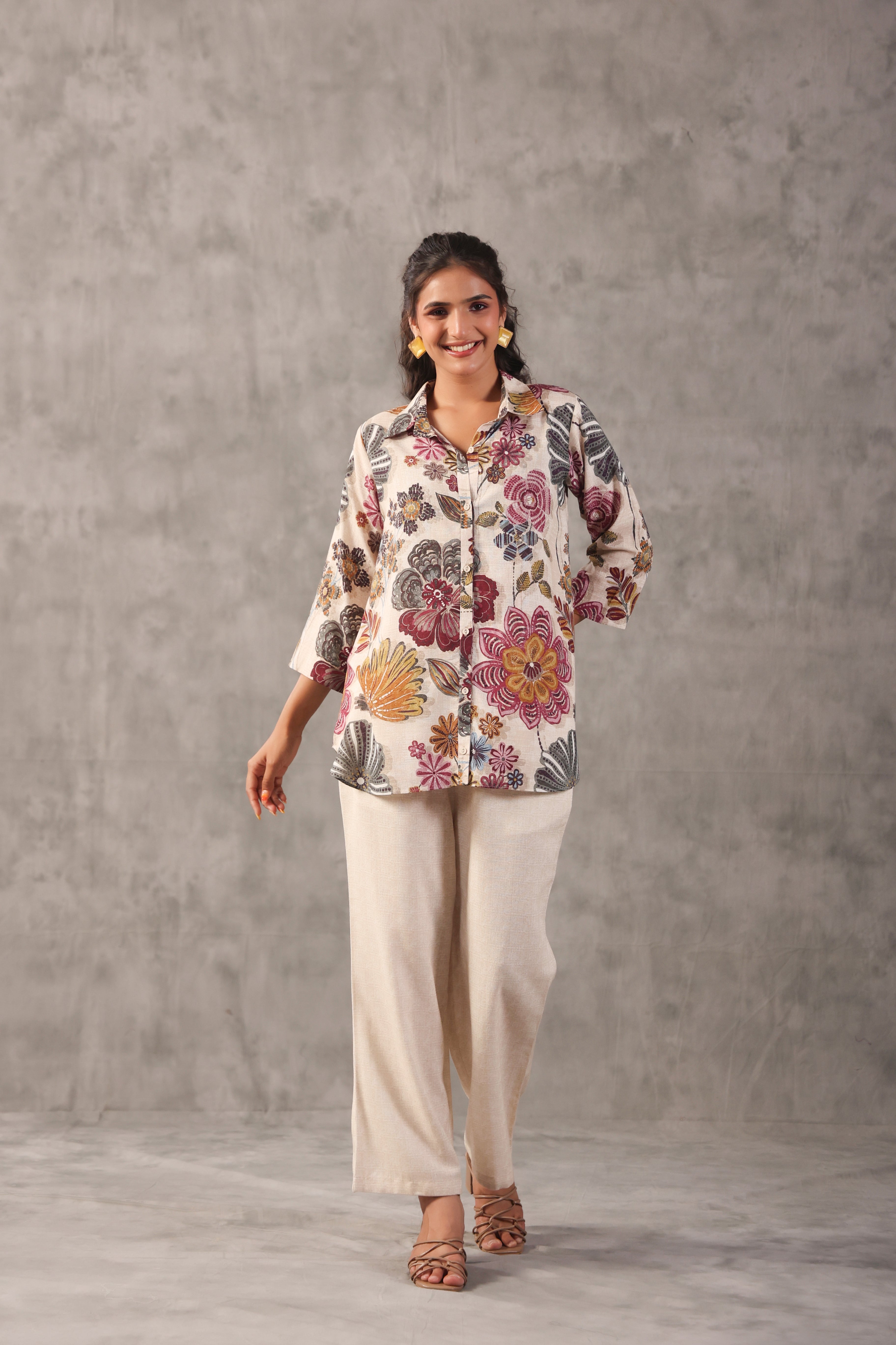Oatmeal Mauve Printed Linen Co-Ord Set